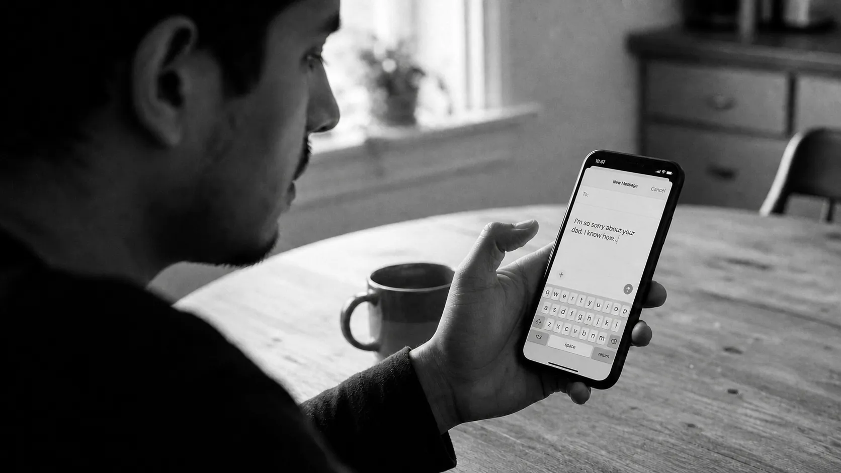 A young Latino man pauses with his thumb above an unfinished condolence message on his phone