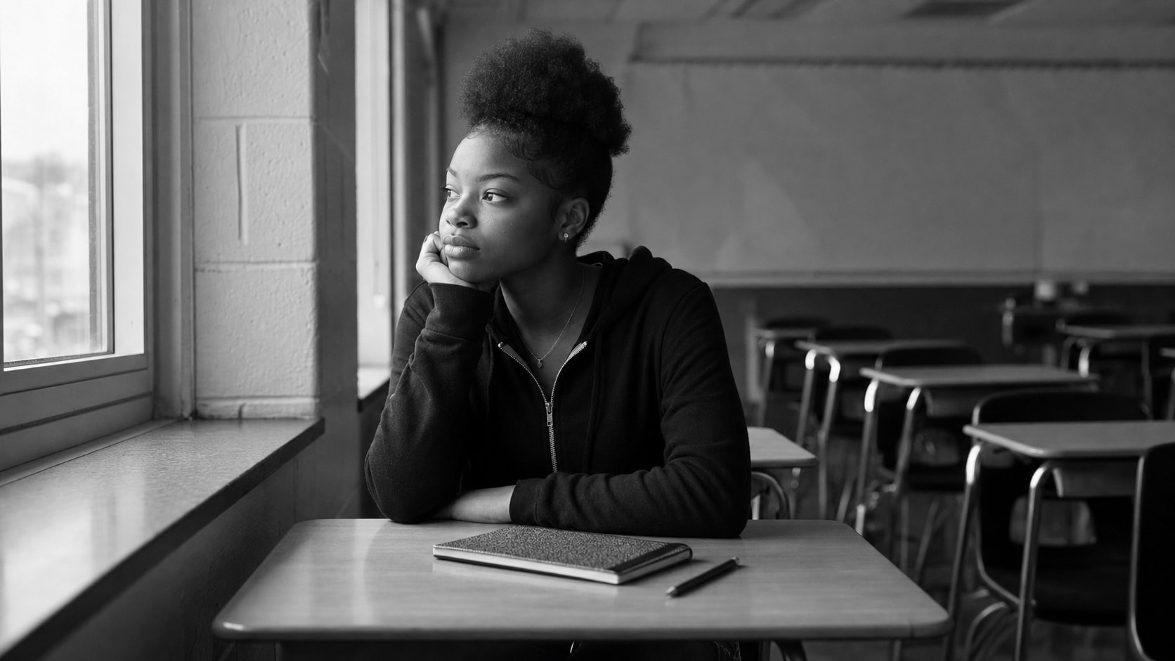 A teenage girl sits alone at a desk in an empty classroom, looking out of the window