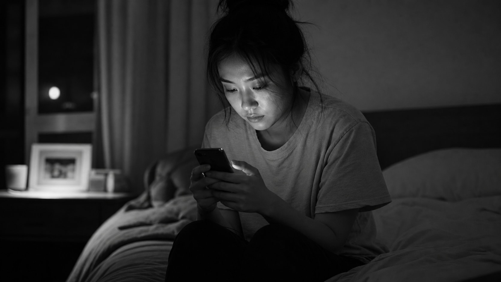 A young woman sits on the end of her bed at night, reading her phone by its screen light