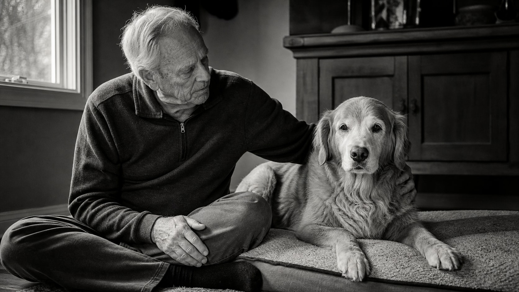 An older man sits on the floor beside his elderly golden retriever, one hand resting on the dog