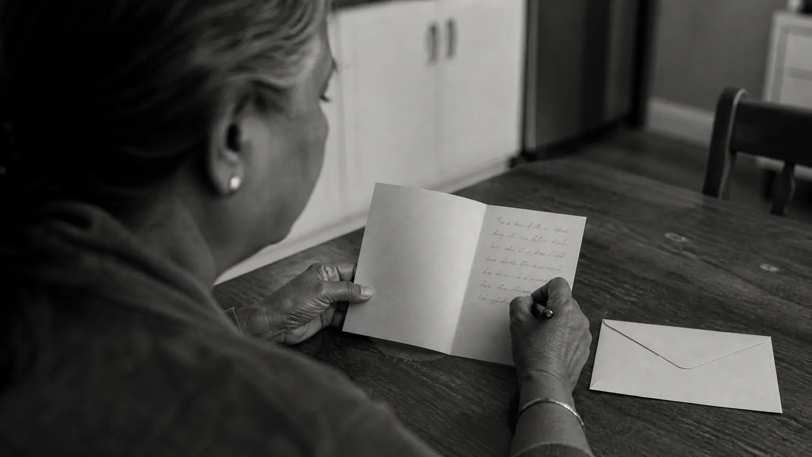 An older South Asian woman writes a sympathy message inside a card at her kitchen table