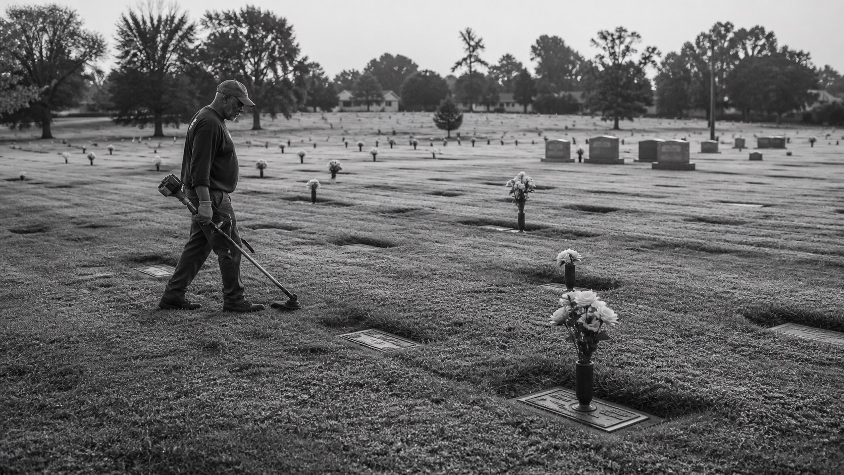 A cemetery groundskeeper walks a mown section of newer graves in flat morning light