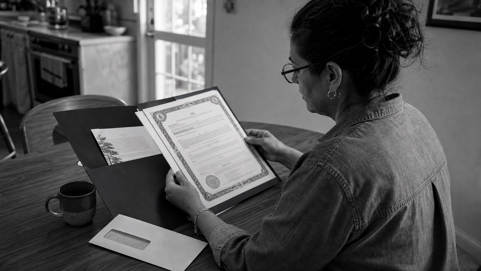 A woman reads a cemetery deed at a kitchen table with the folder it came in open beside her