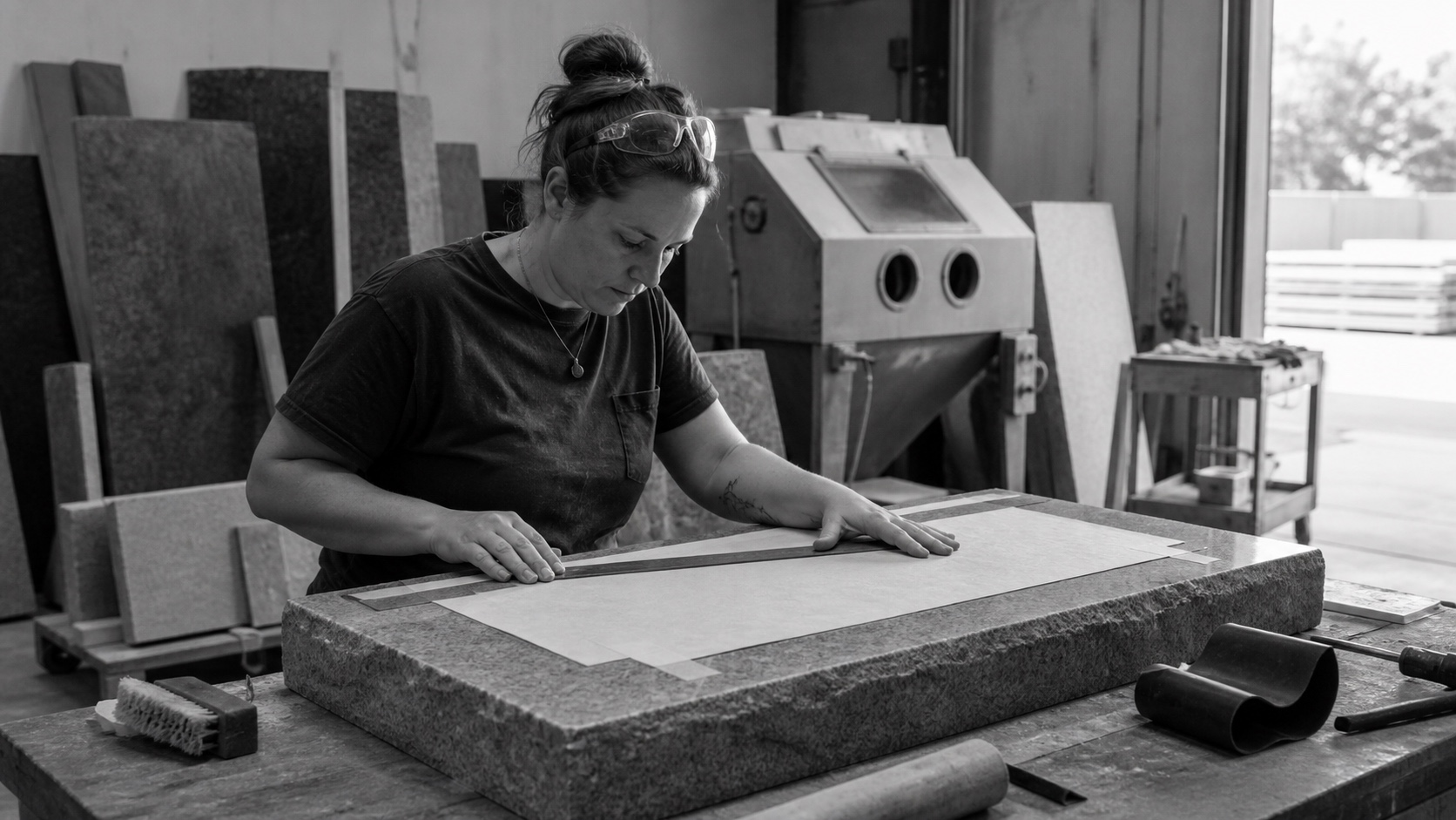 A stonecutter checks a granite marker on a workbench in a monument shop