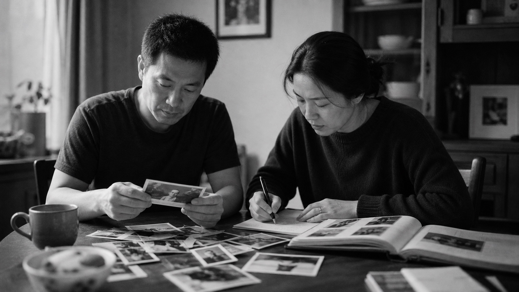 Two adult siblings at a dining table with old photographs of their mother spread between them