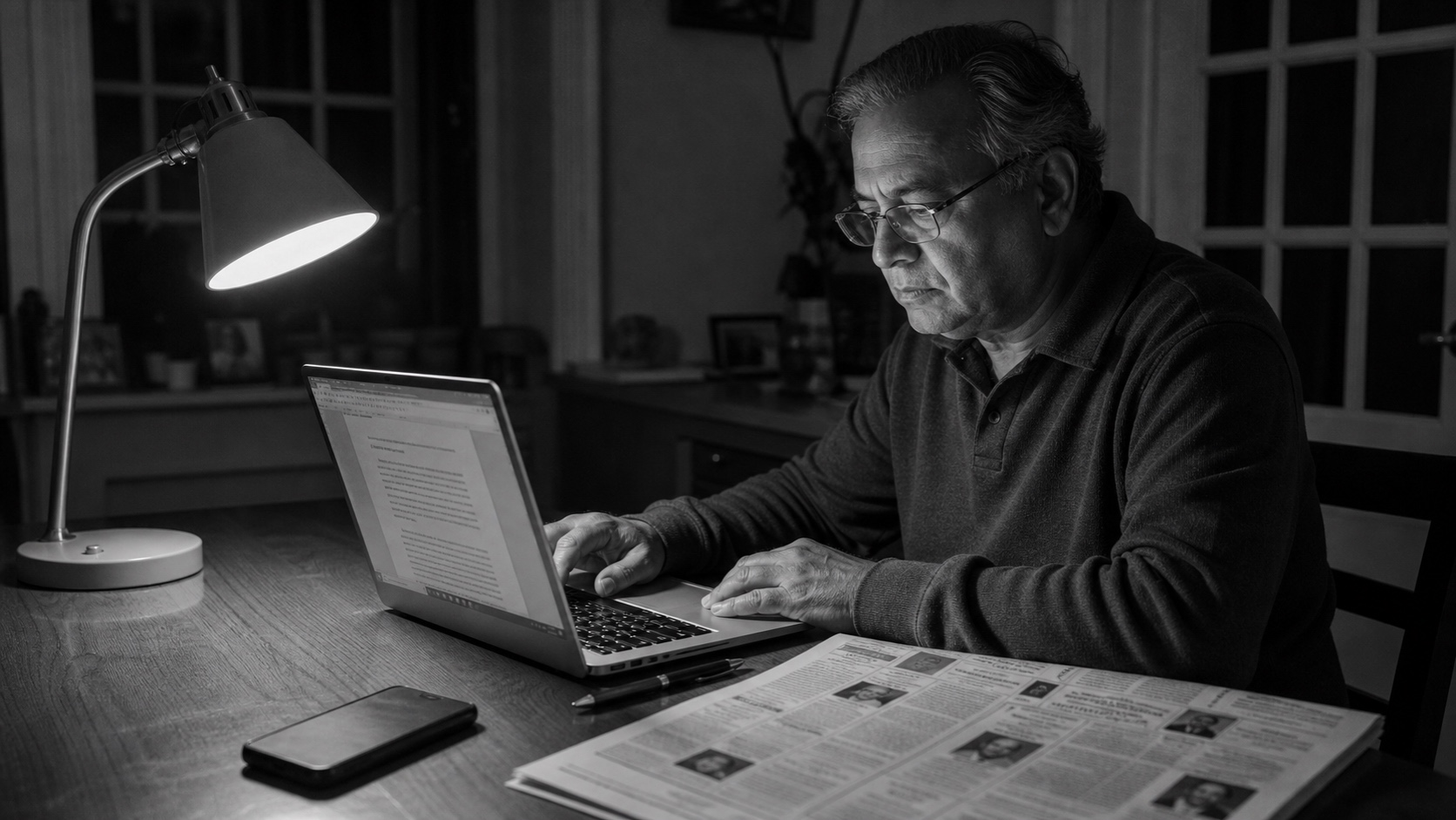 A man at a laptop with a printed newspaper obituary page beside him, part-written