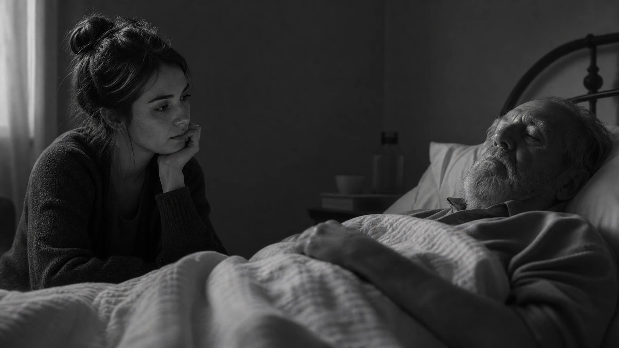 A young woman keeping watch at the bedside of a sleeping older man, in black and white