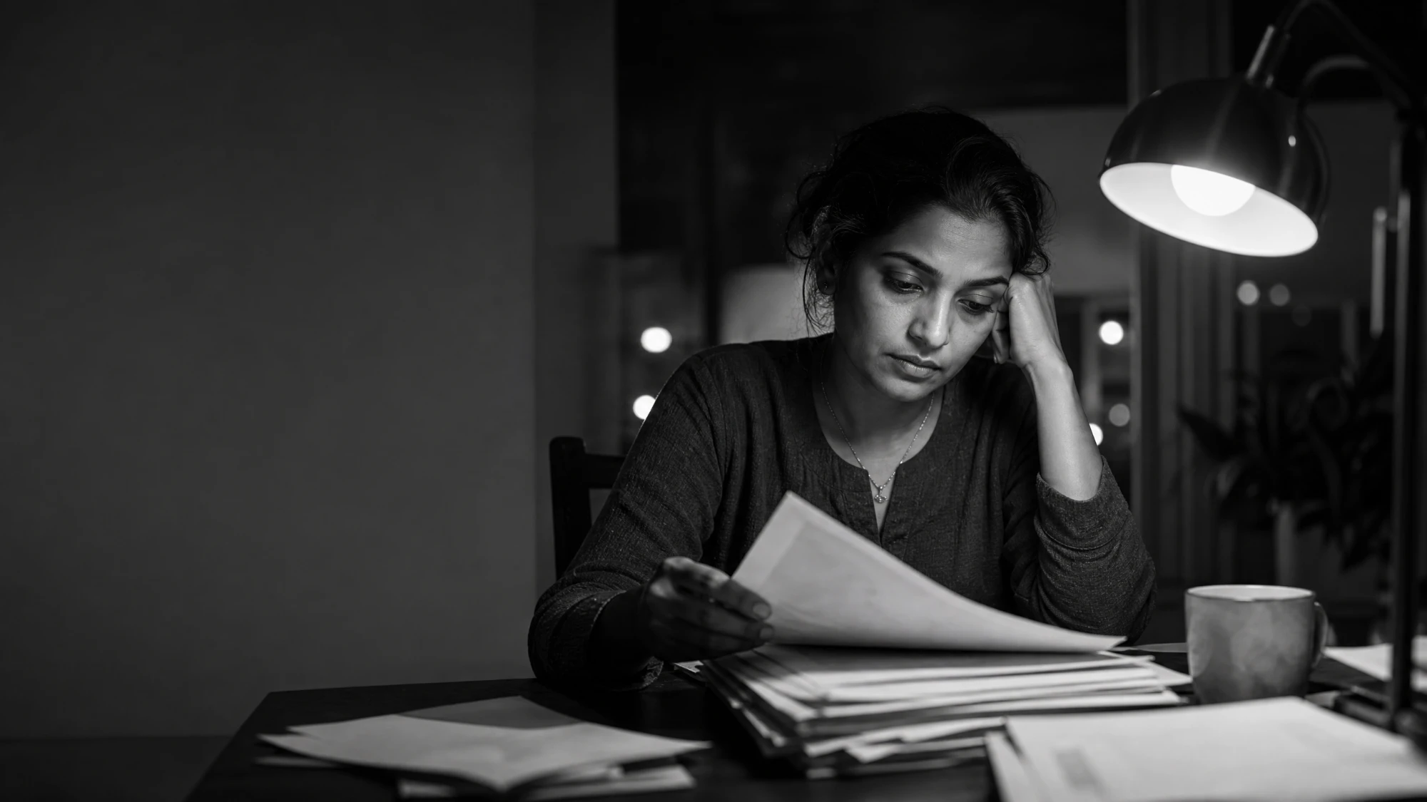 A woman going through a parent's paperwork at a table at night, in black and white