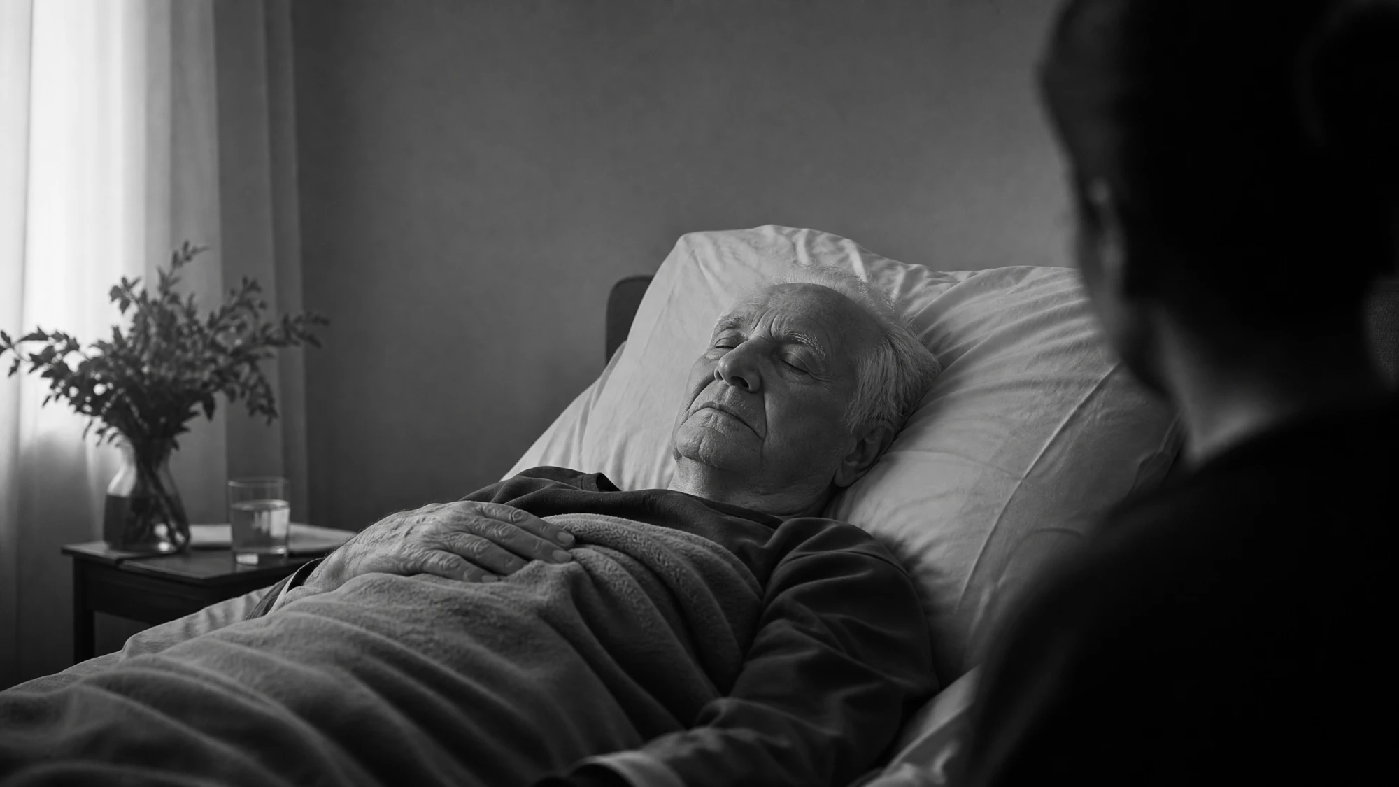 An older man asleep peacefully in a hospice bed, in black and white