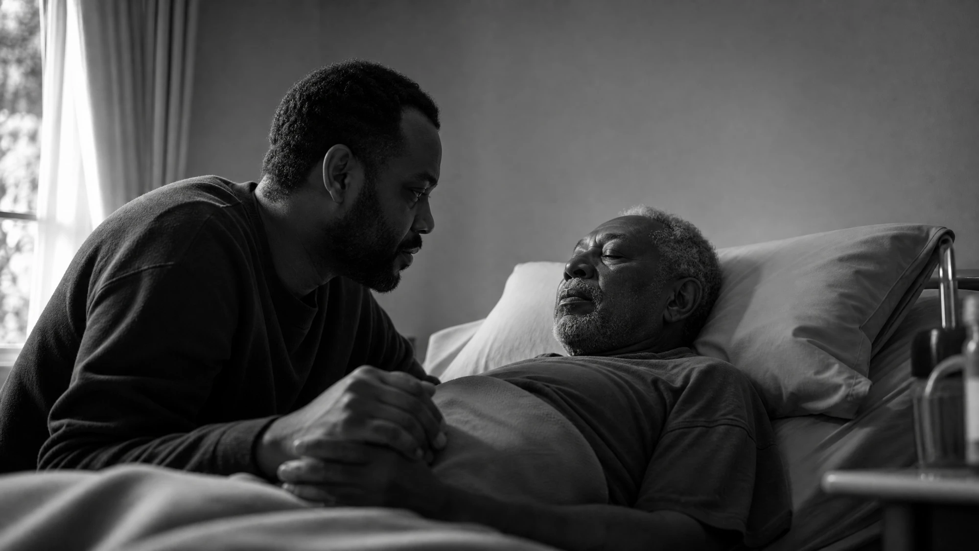 An adult son leaning close to speak to his dying father and holding his hand, in black and white