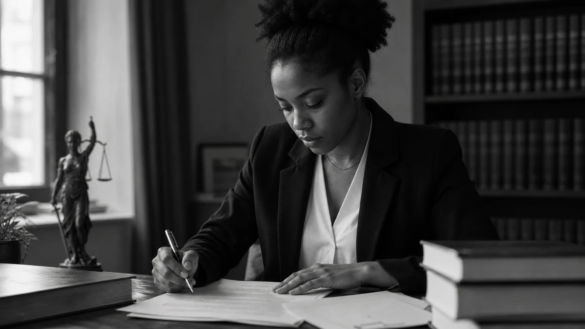 A young woman signing documents at a desk with law books and a statue of Lady Justice, in black and white