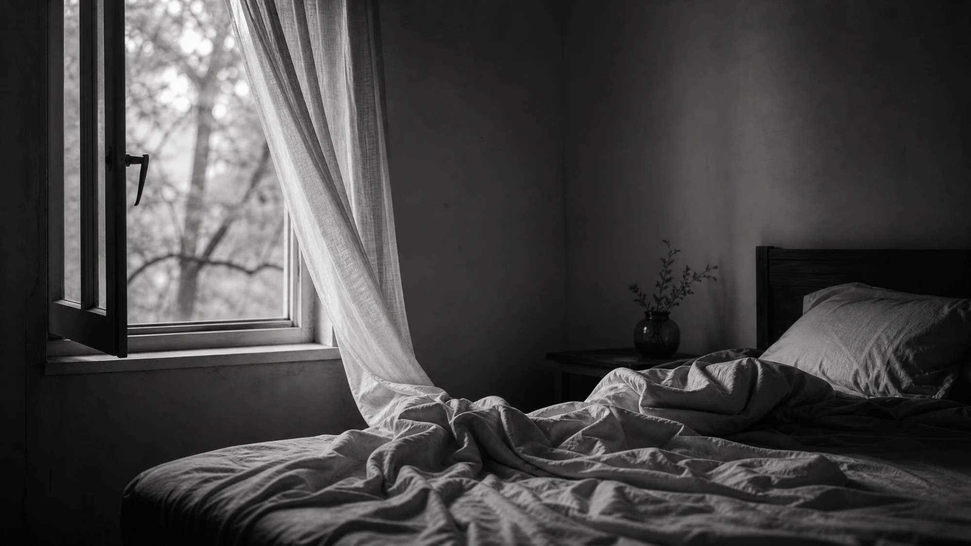 A dim bedroom with a window open and a curtain stirring beside an unmade bed, in black and white