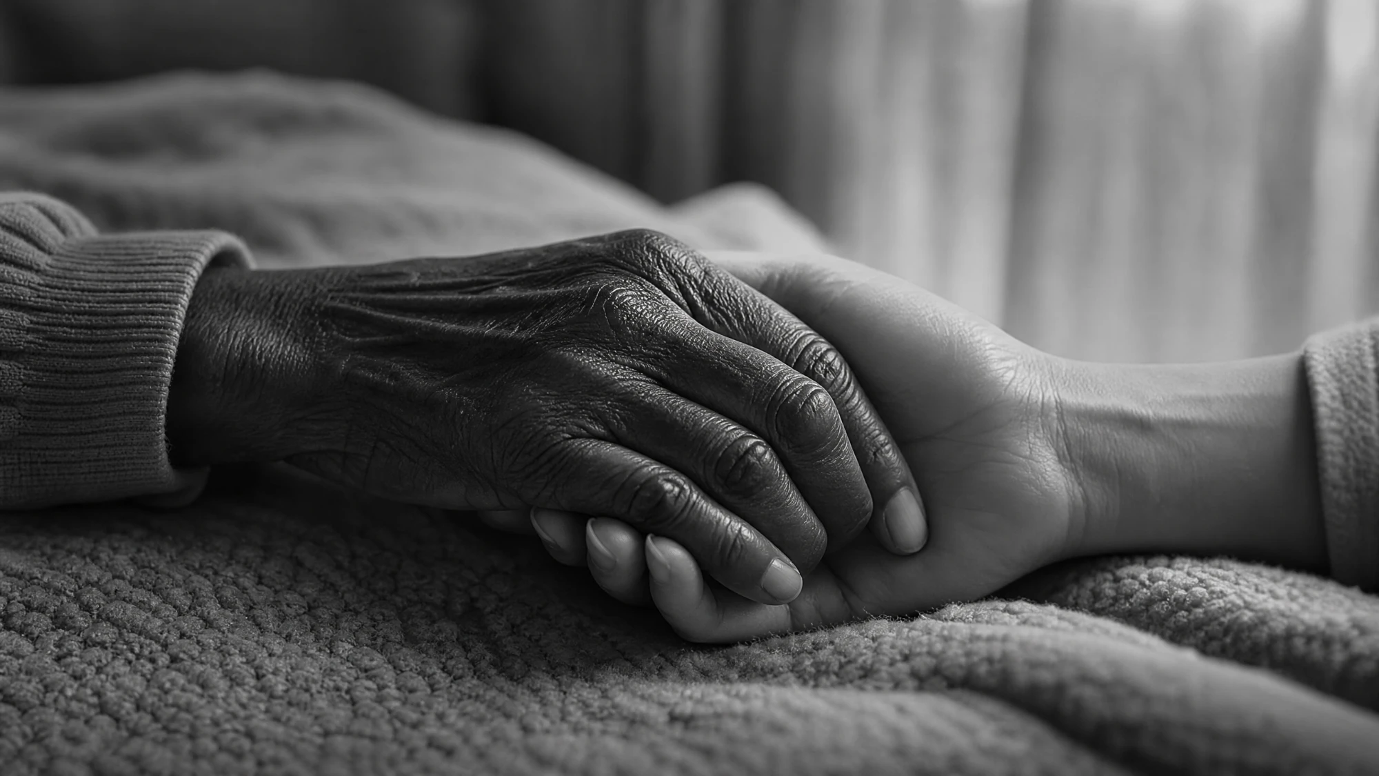 A person resting in bed while another person holds their hand