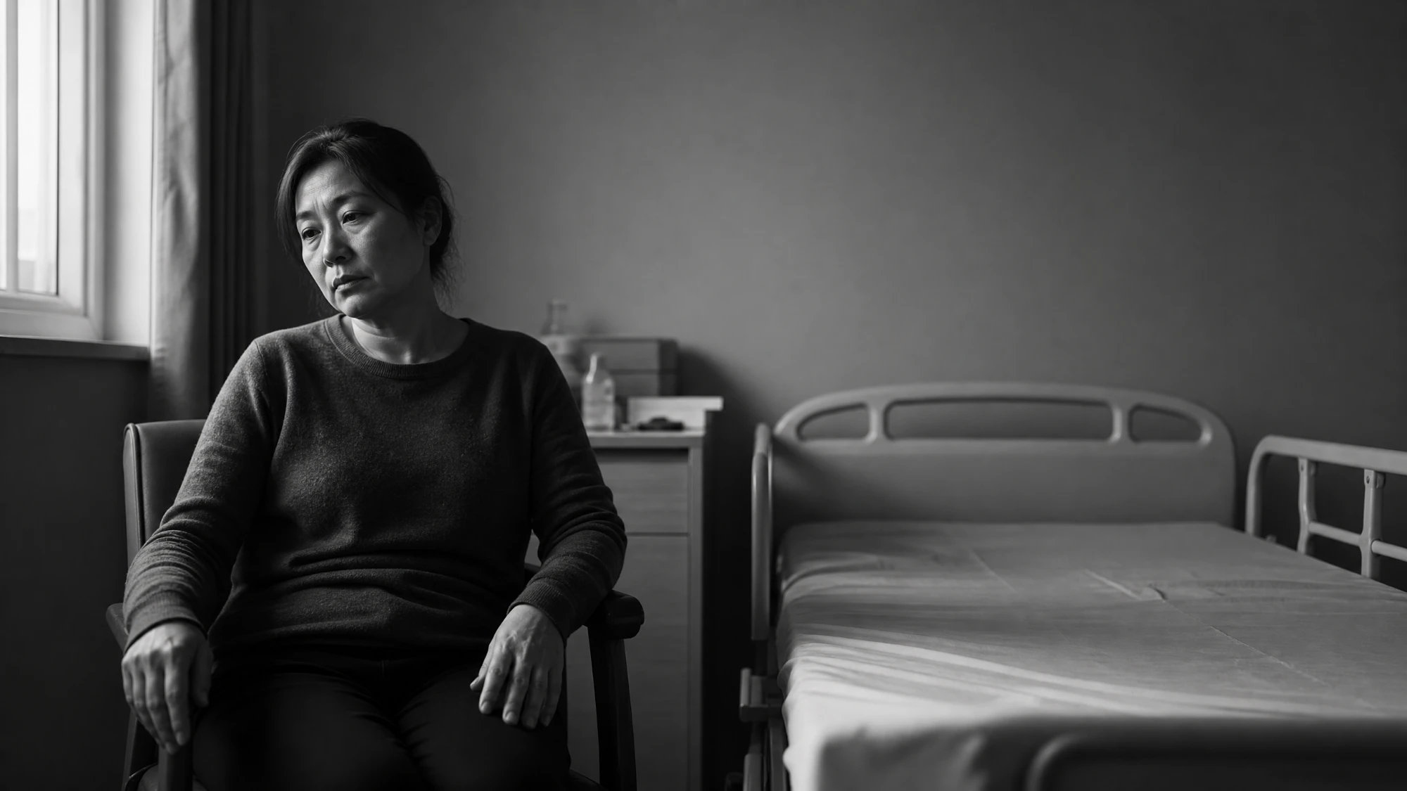 A caregiver sitting exhausted beside an empty care bed, in black and white