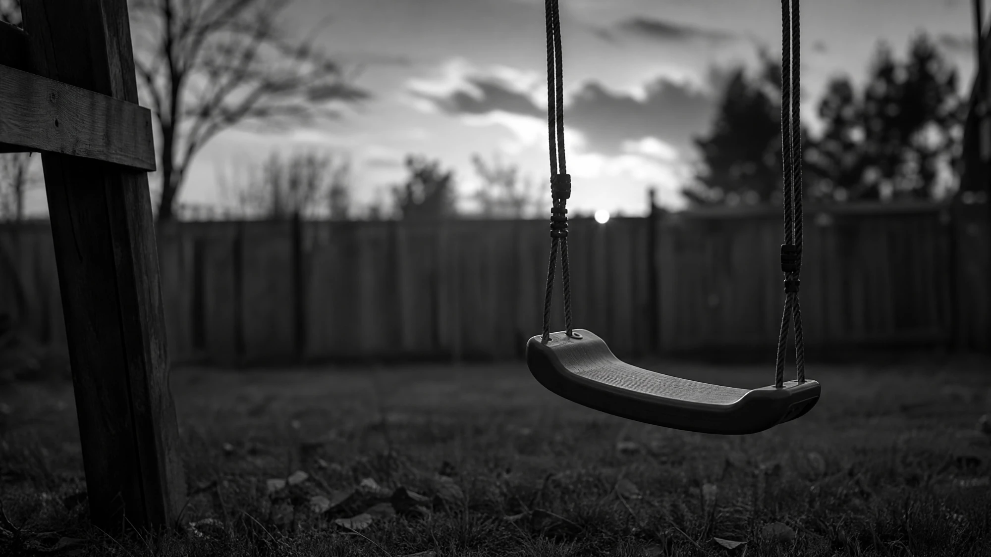 An empty child's swing hanging still in a yard at dusk, in black and white