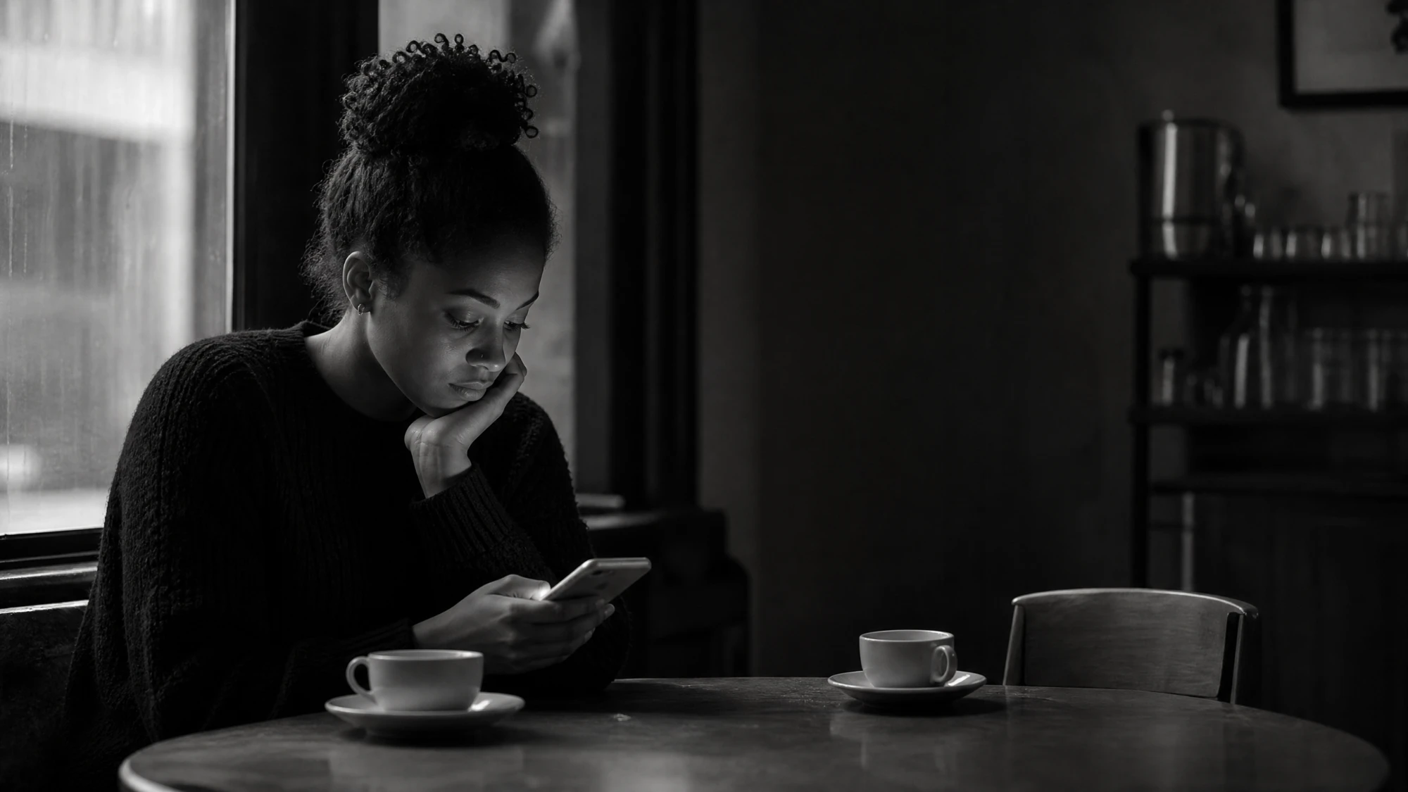 A young woman alone at a cafe looking at her phone, a second untouched coffee opposite, in black and white