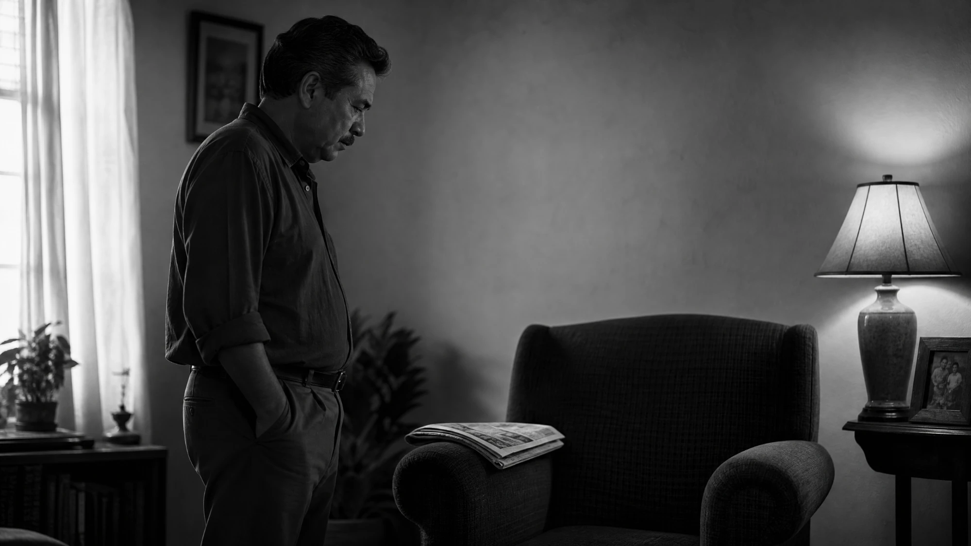 A man standing quietly before an empty armchair in a living room, in black and white