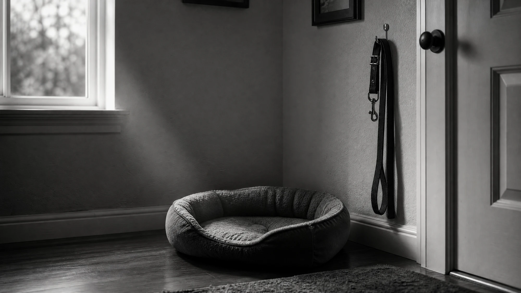 An empty dog bed and a collar and leash by the door, in black and white
