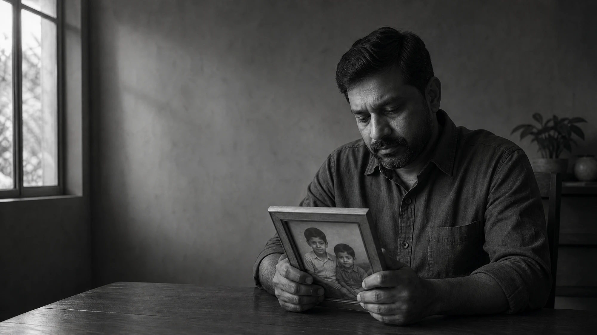 A man alone looking at a framed childhood photograph of two siblings, in black and white
