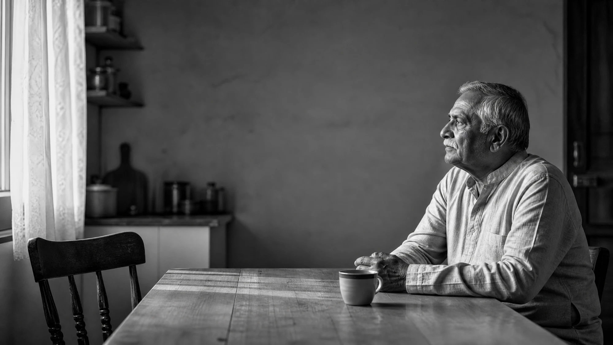 An older man sitting alone at a kitchen table set for one, in black and white