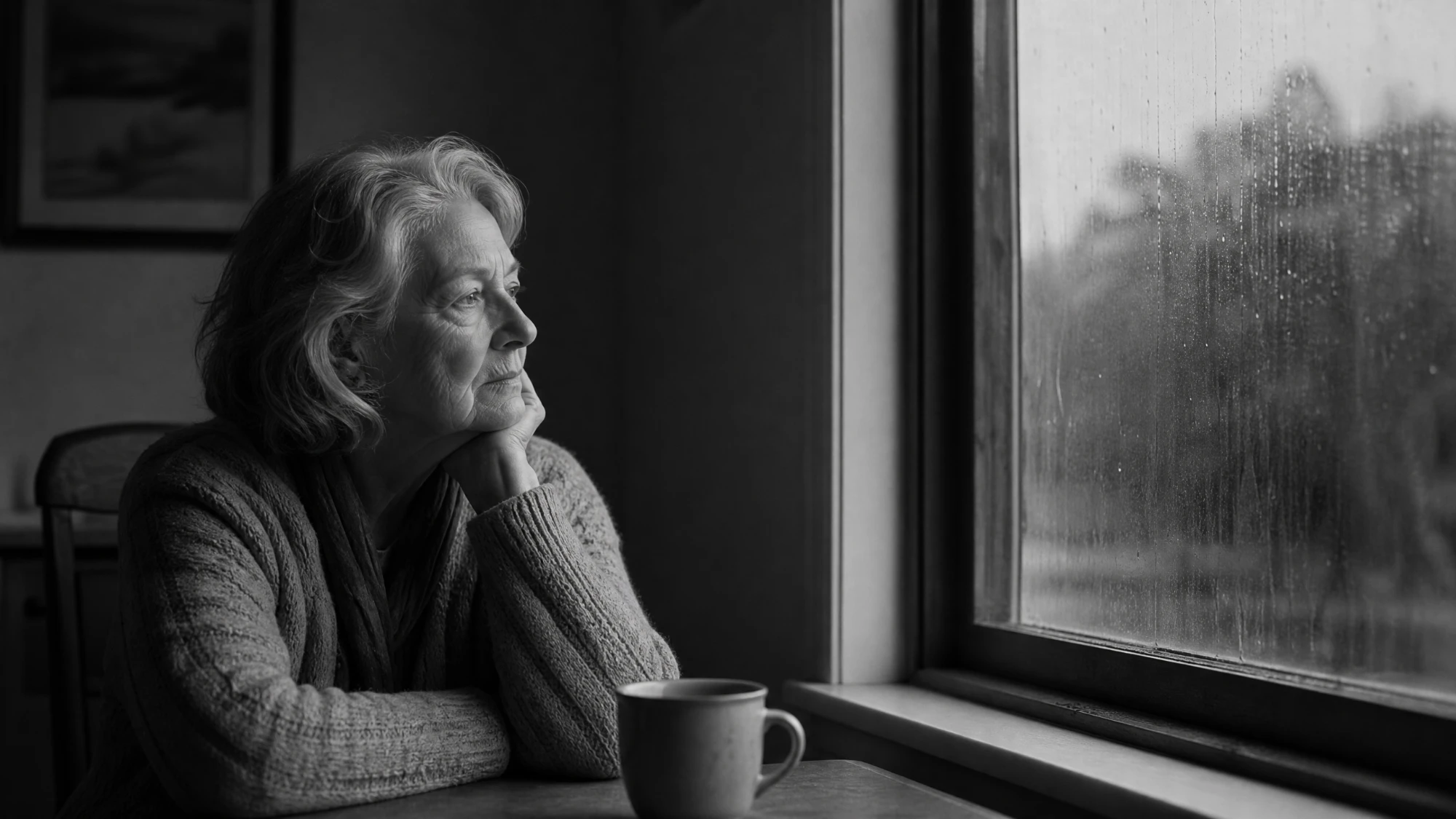 An older woman sitting alone and contemplative by a rain-streaked window, in black and white