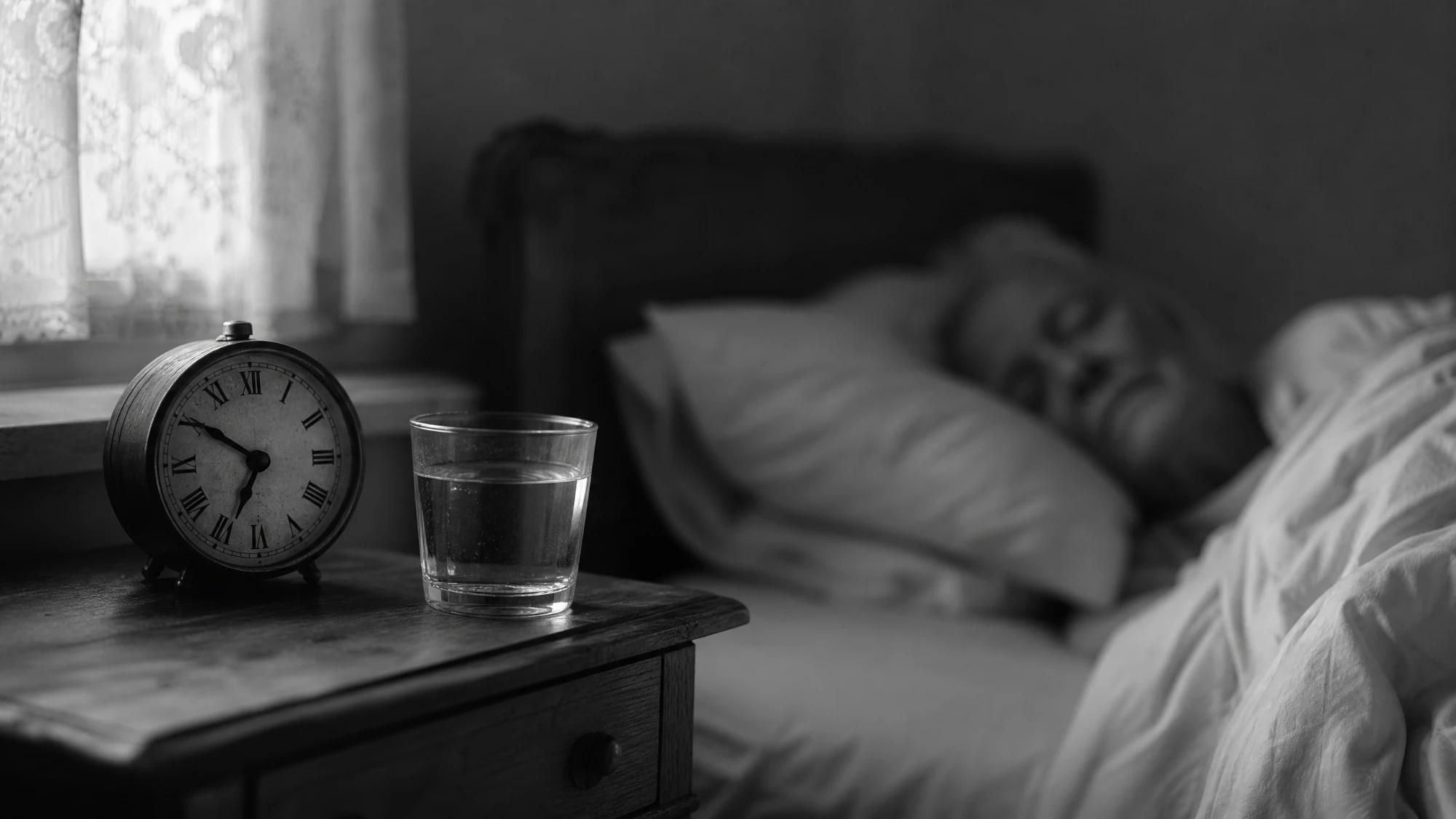 An old clock on a bedside table beside a sleeping patient, in black and white