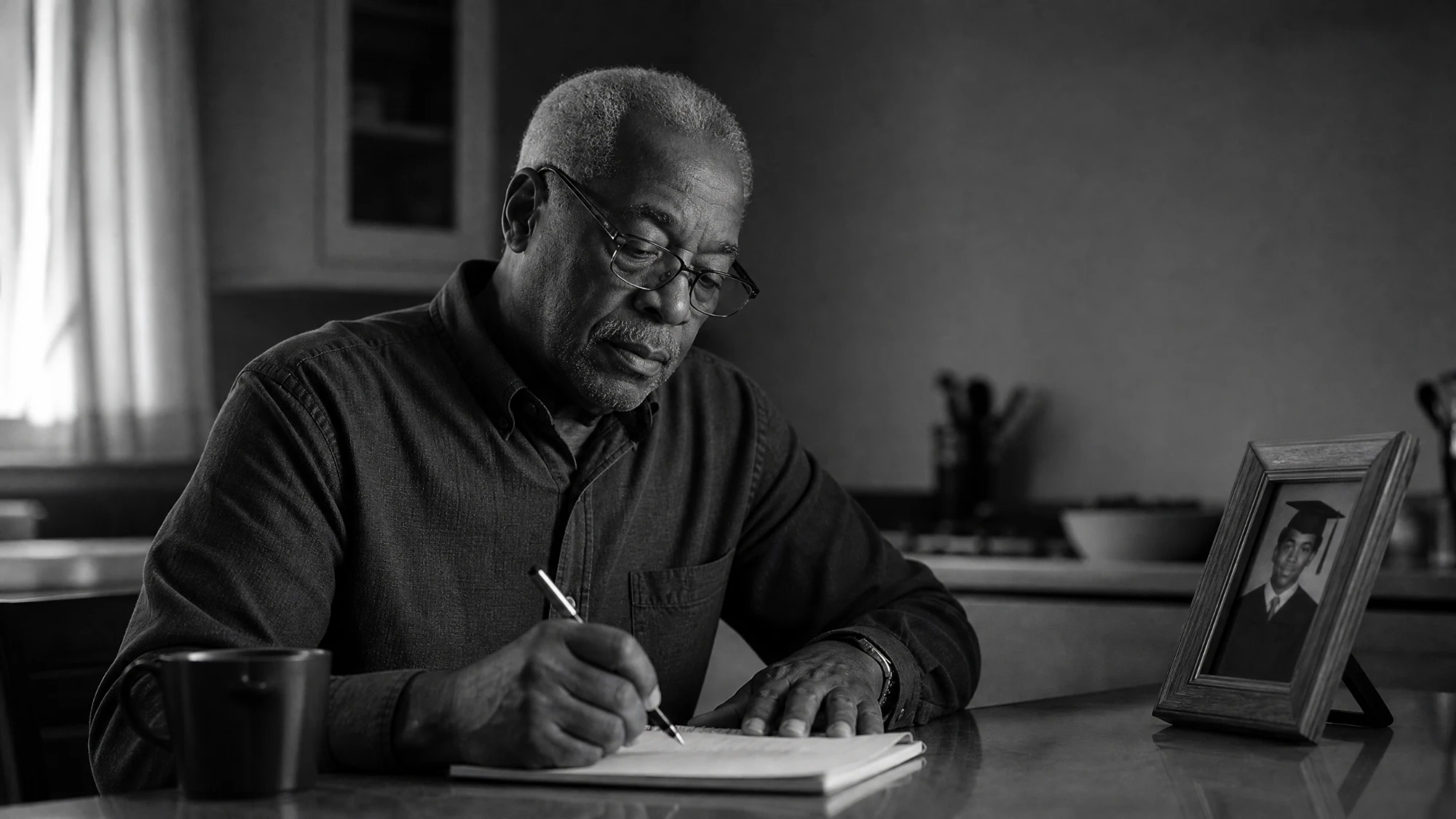 An older man writing notes by hand at a table, a framed photo nearby, in black and white