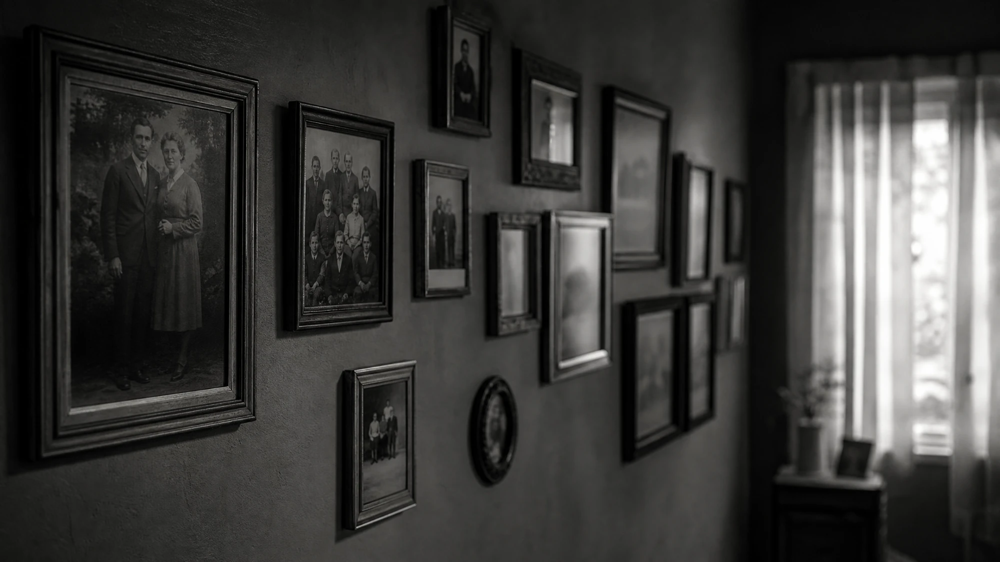 A wall of framed family photographs spanning generations, in black and white