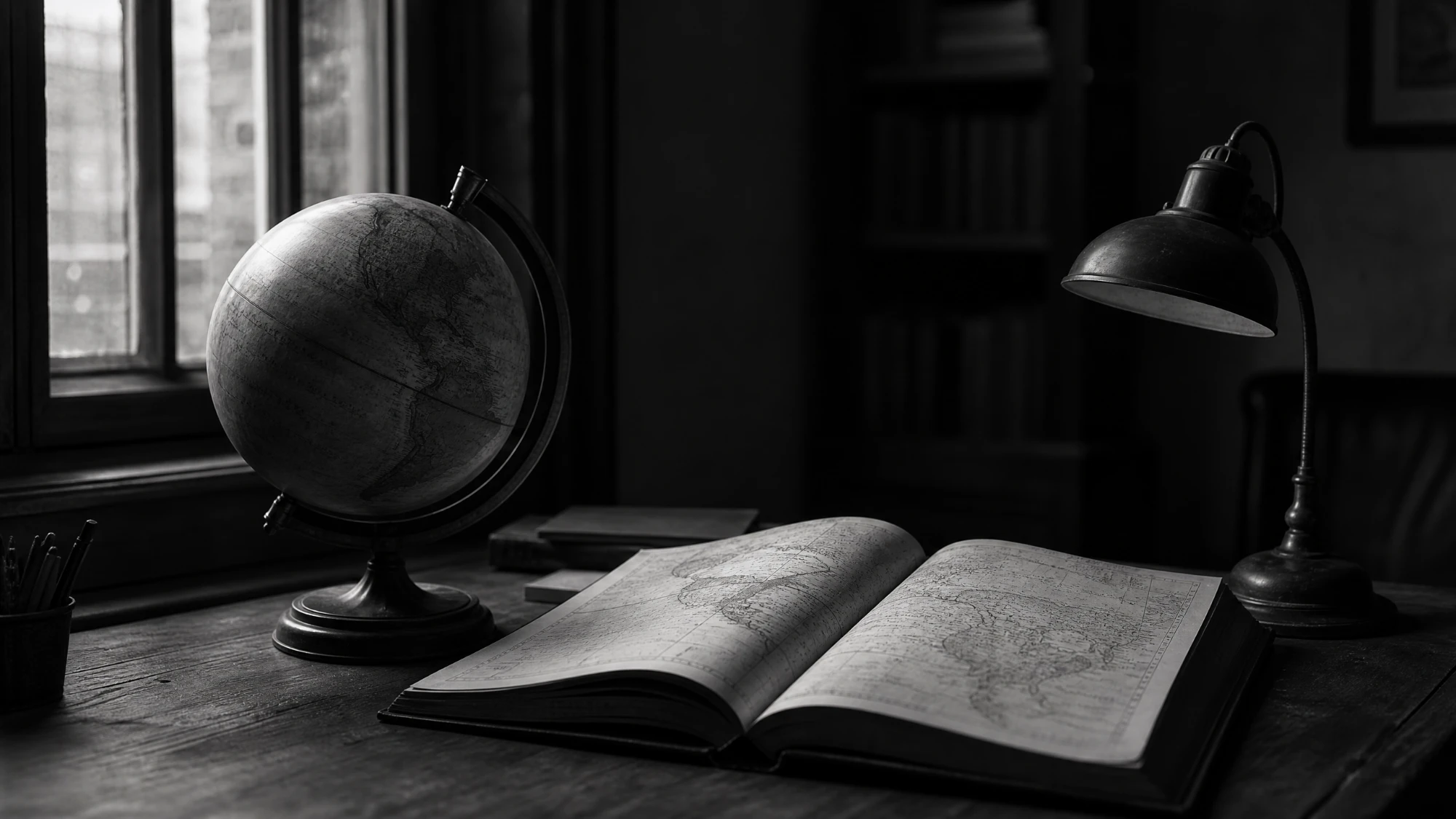 An old globe and an open atlas on a dim study desk, in black and white