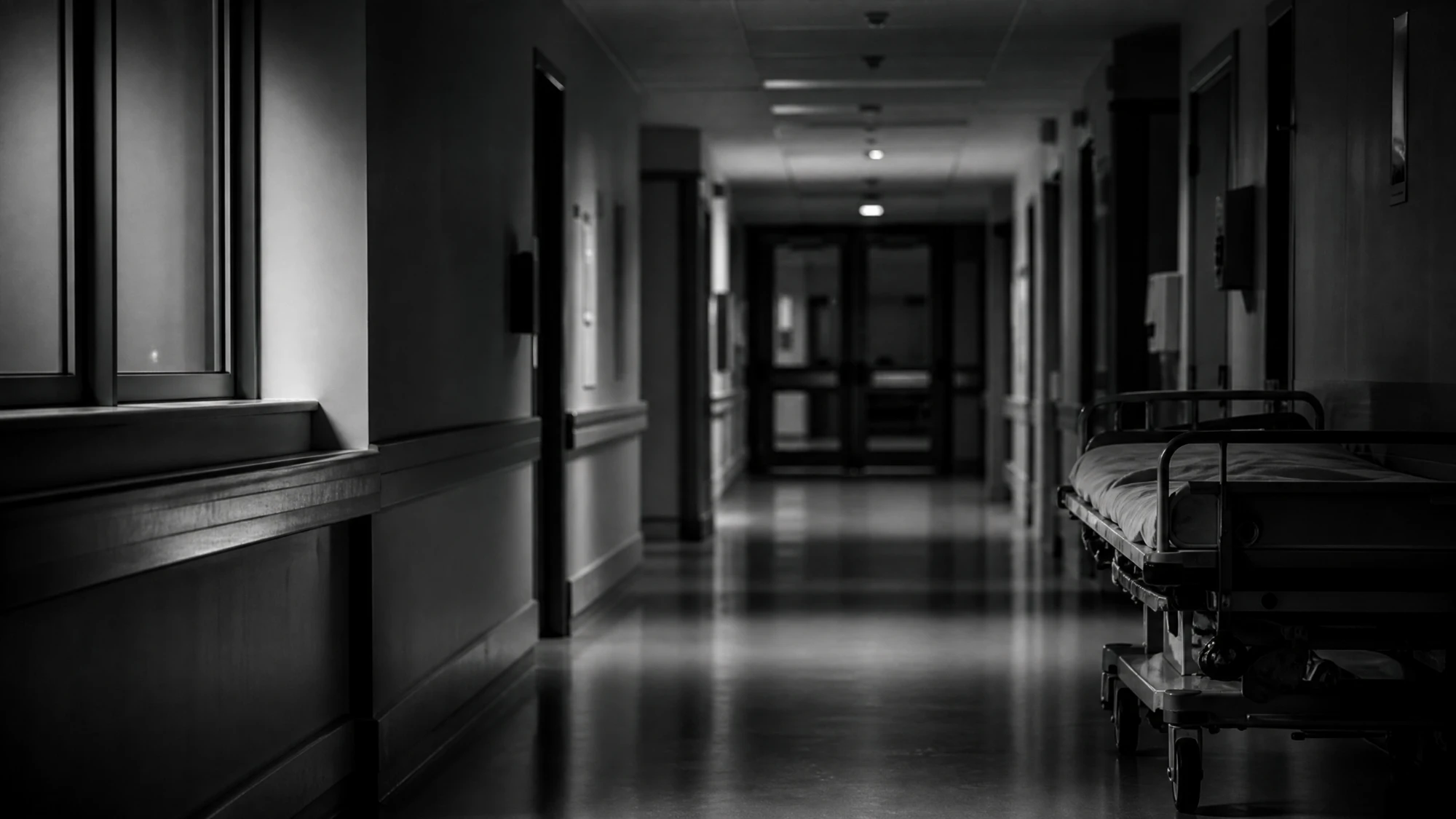 A long, empty hospital corridor in low light at night, in black and white