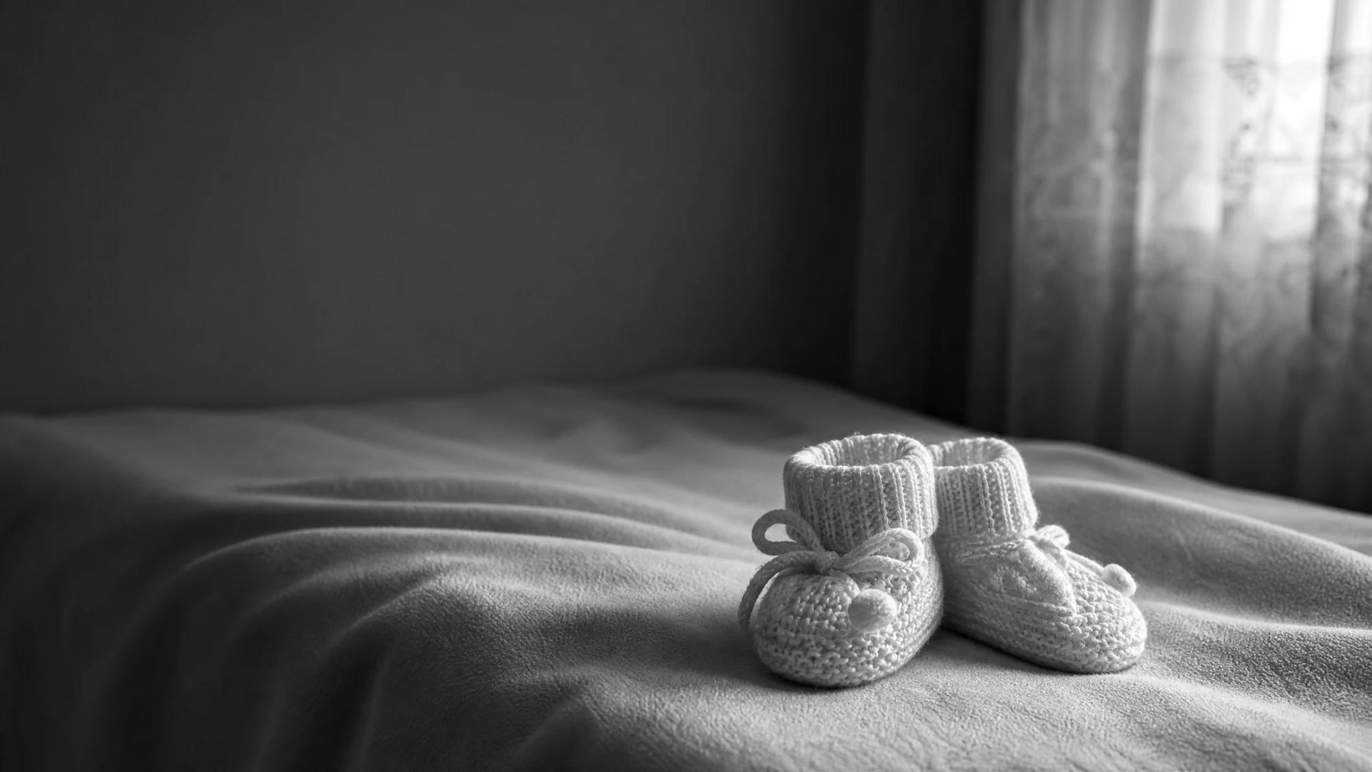 A pair of tiny knitted baby booties resting on an empty blanket in soft light, in black and white