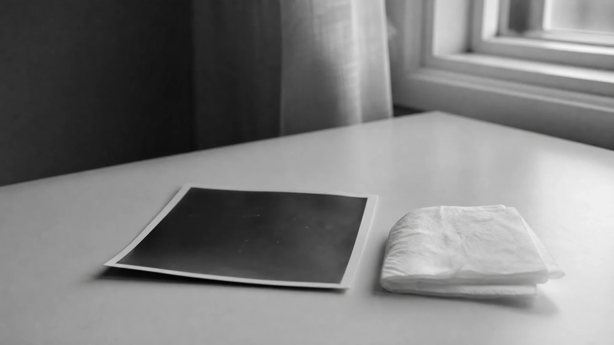 An ultrasound photo lying face down beside a folded tissue on a table by a window, in black and white