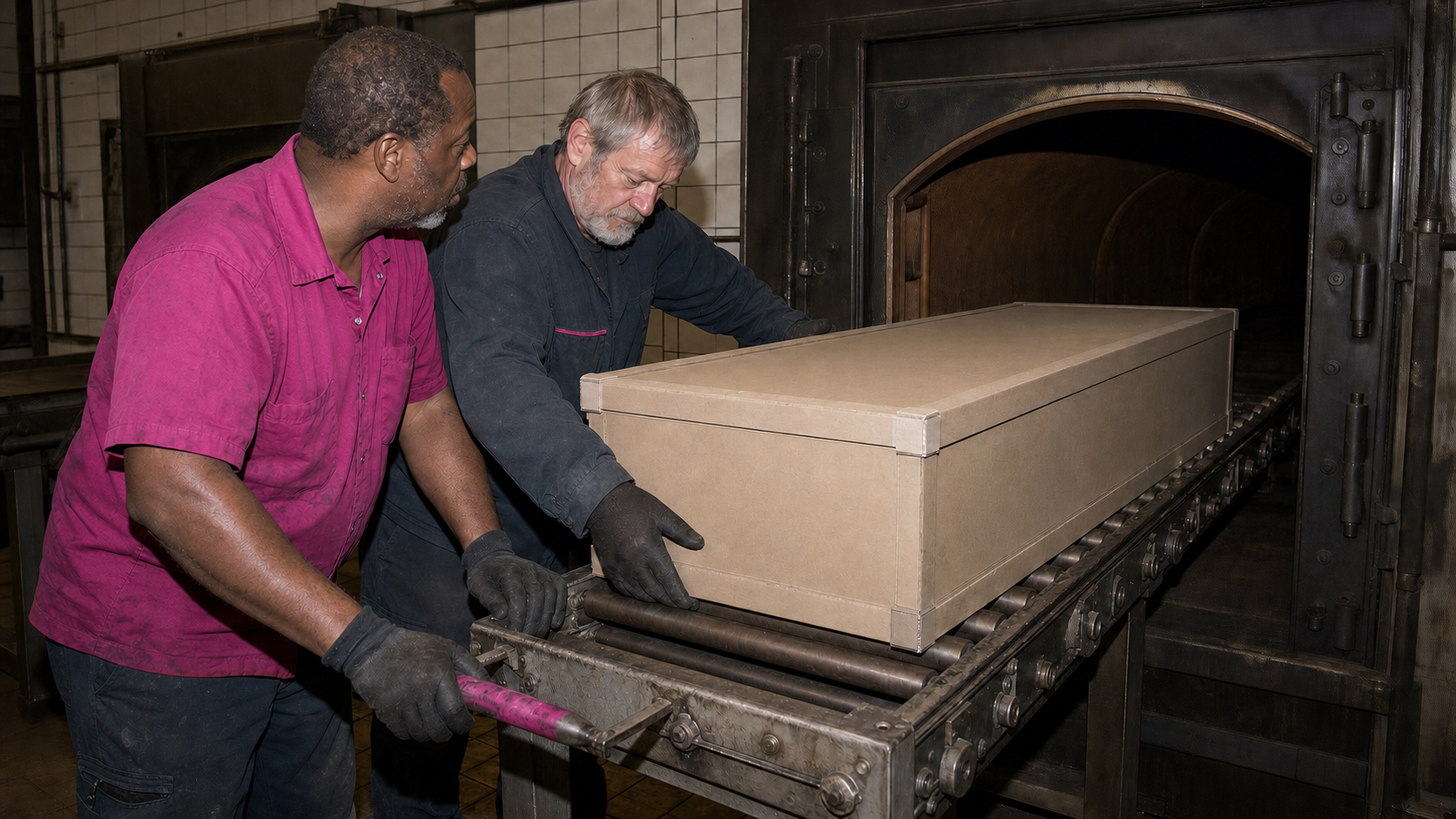 Two crematory workers guide a sealed alternative cremation container into a cremation chamber