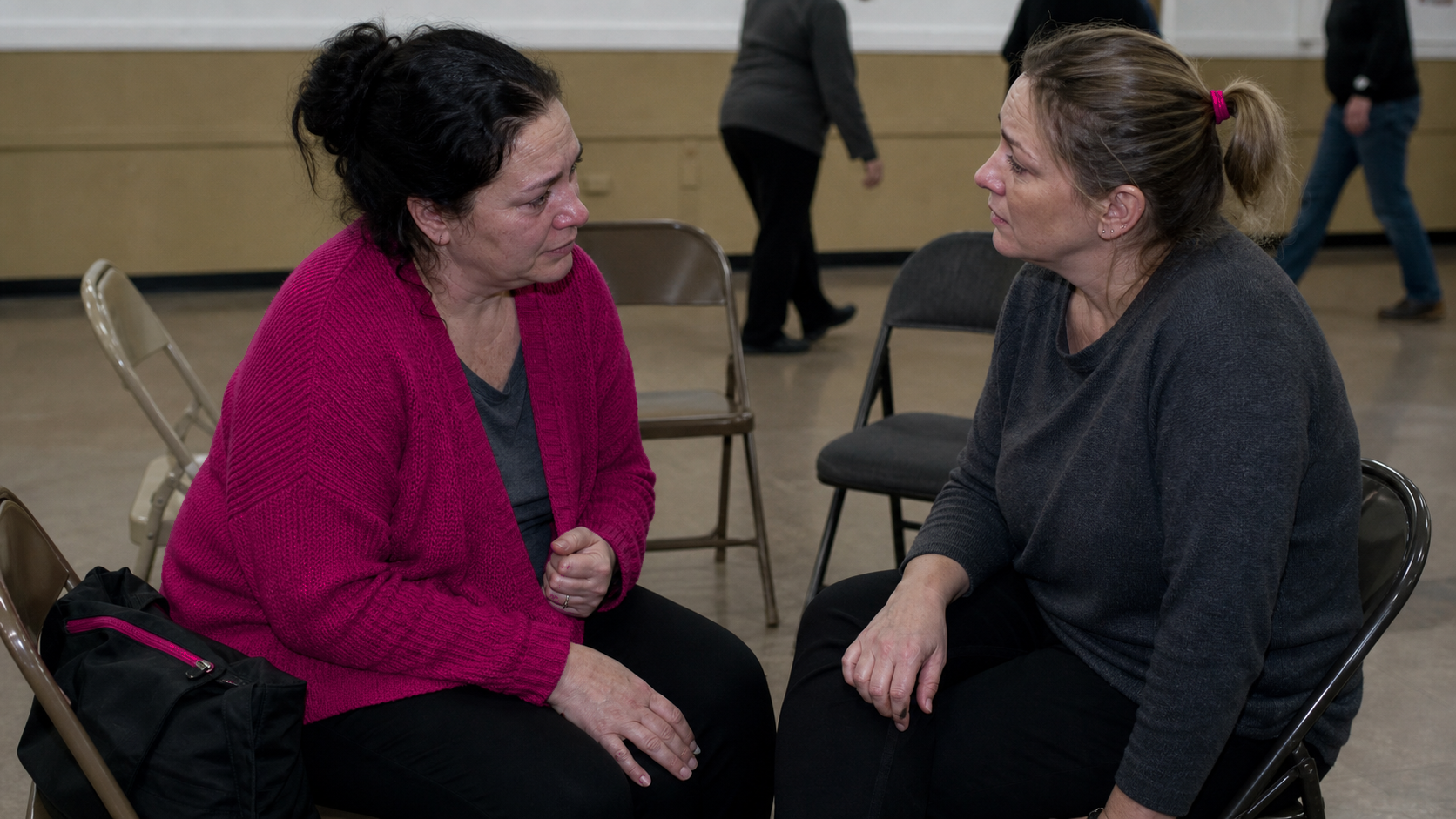 Two women meet each other's eyes after a suicide-loss support group