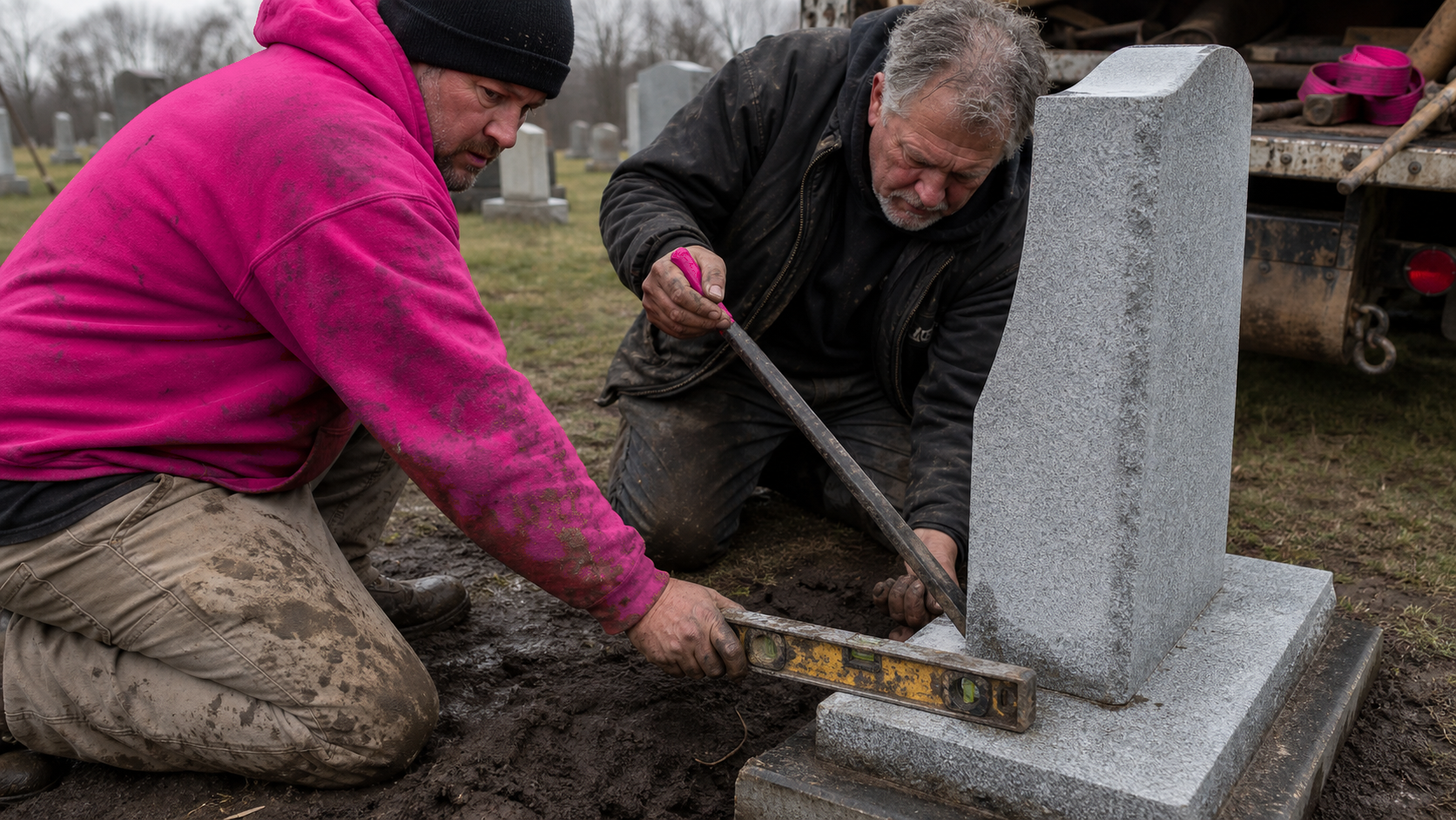 Two monument installers level a granite headstone together in a muddy cemetery