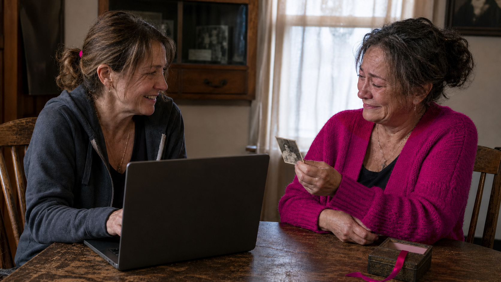 Two sisters respond to the same old photograph while writing their mother's obituary