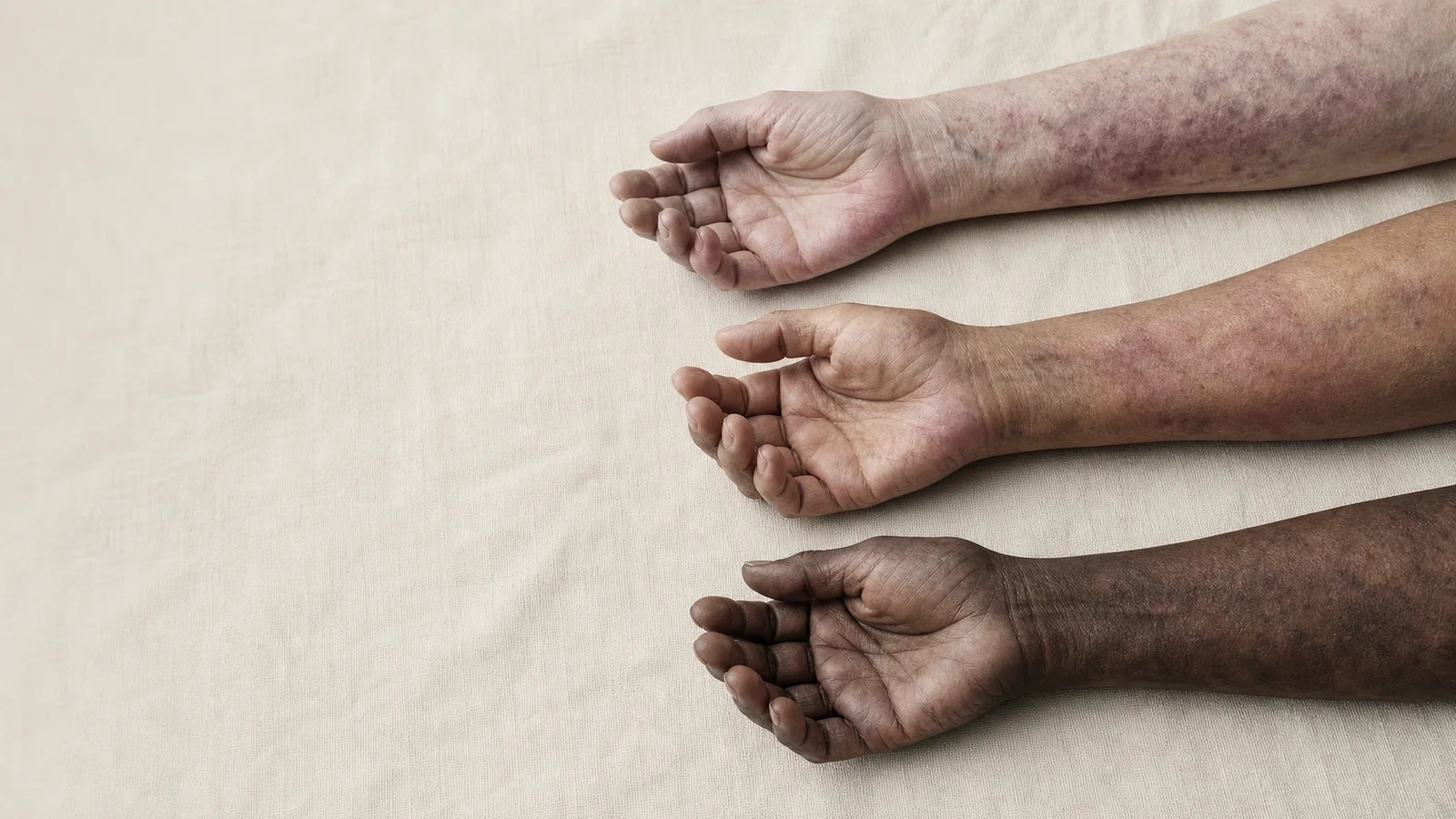 Three older adult forearms and hands with different skin tones show varied mottled discoloration on warm linen