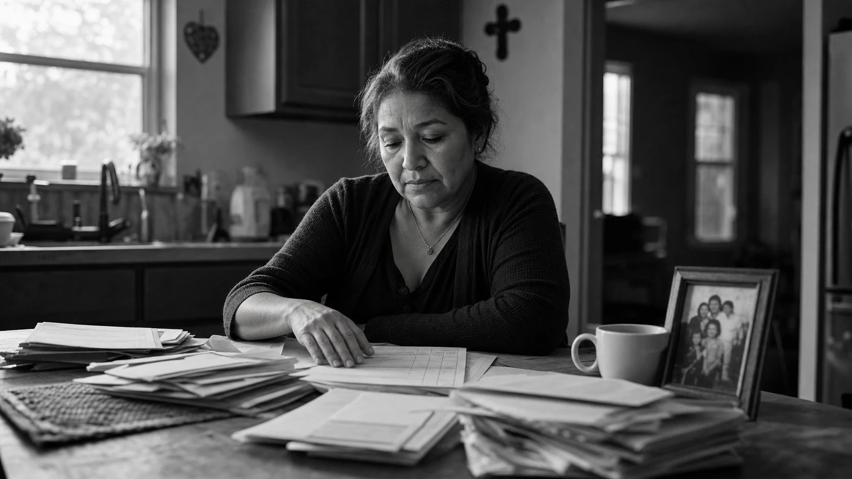 A middle-aged Latina woman sorts bills, forms, folders, and envelopes at her kitchen table after a death