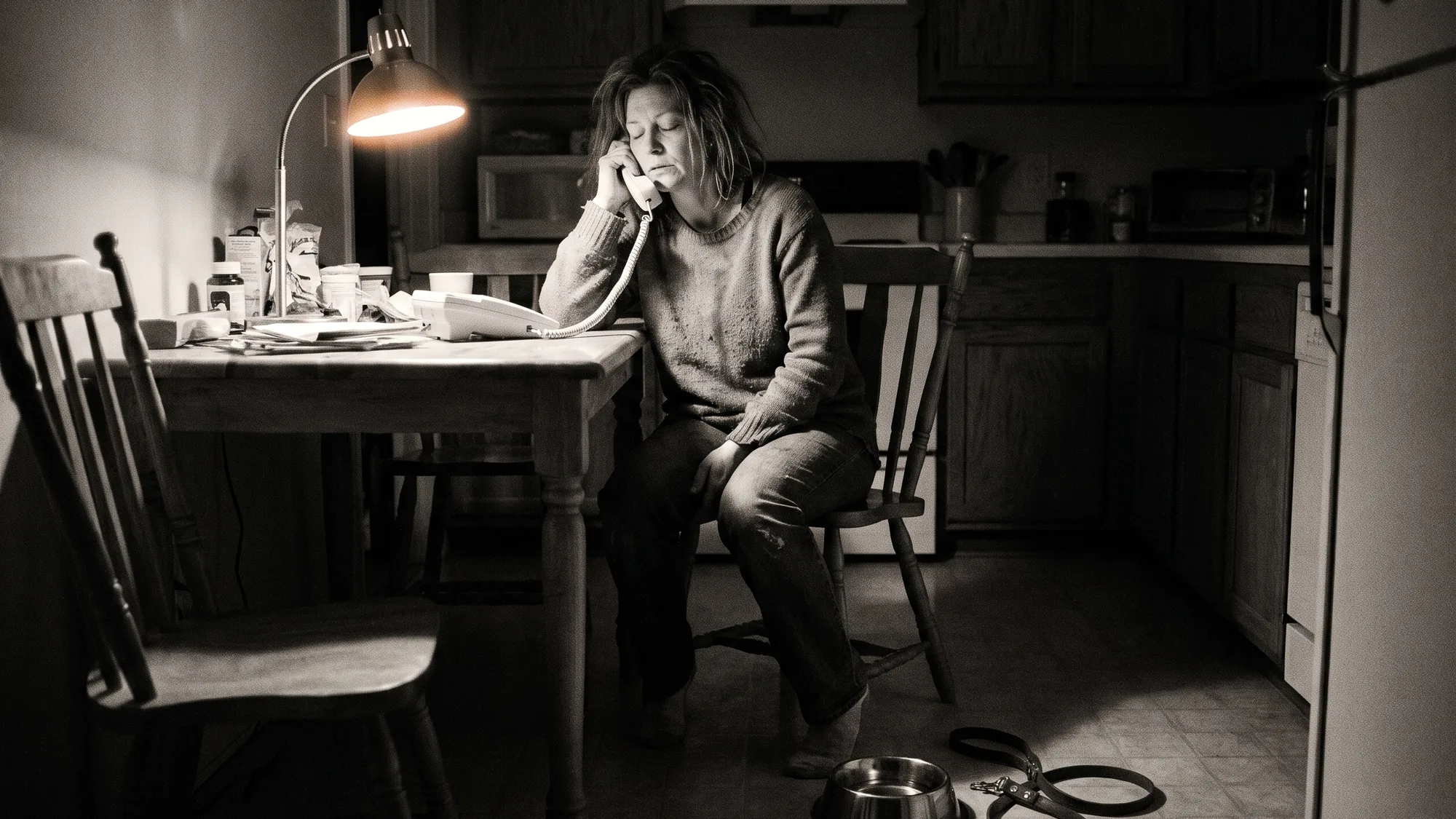 A woman at a kitchen table at night with a phone to her ear, an empty dog bowl and a leash on the floor beside her, in black and white