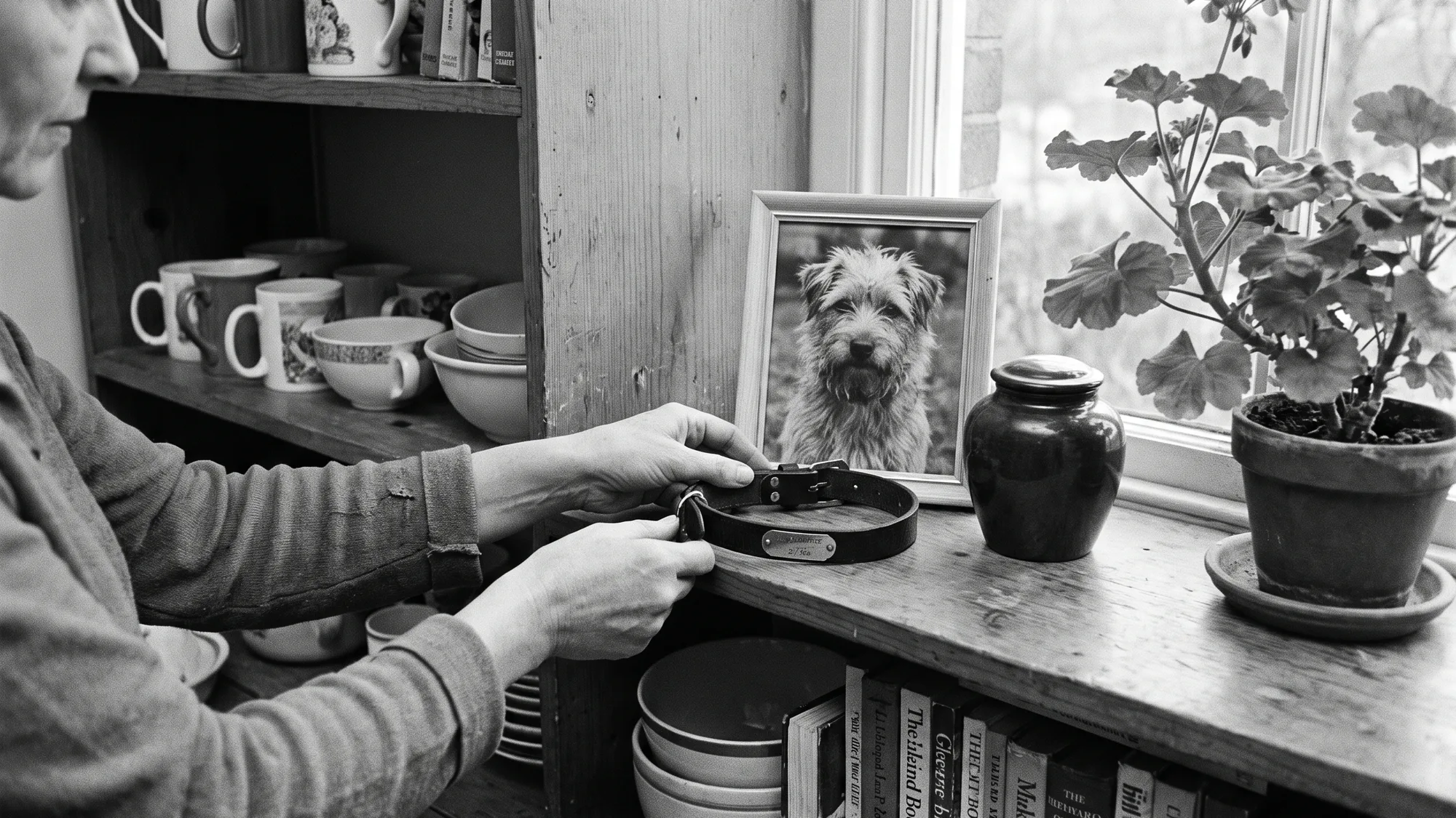 A woman's hands placing a worn dog collar on a kitchen shelf beside a framed photo of a terrier and a small urn, in black and white
