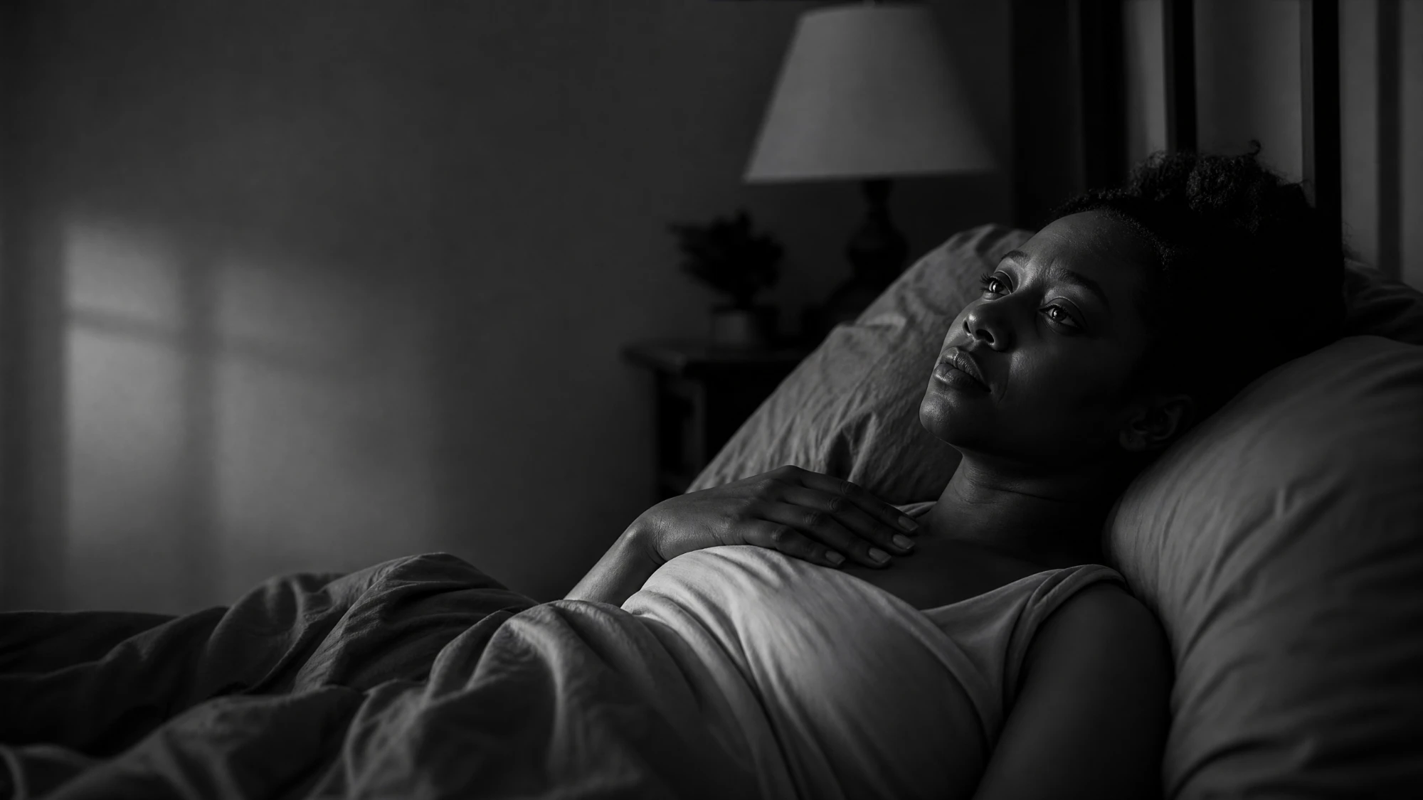 A woman lying awake at night with a hand on her chest, in black and white