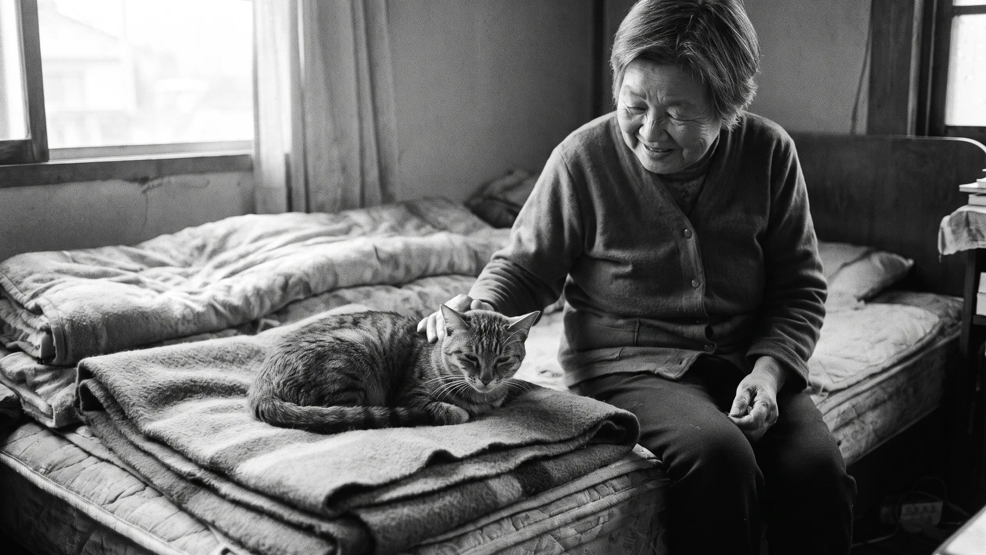 An older woman sitting on the edge of a bed with her hand on an elderly tabby cat curled on a blanket, in black and white