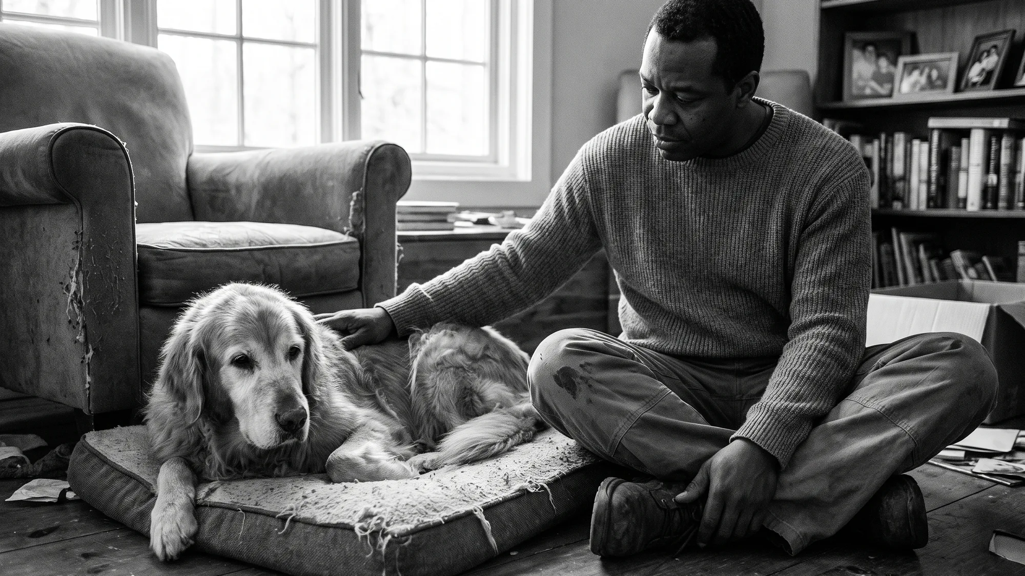 An older man sitting on the floor beside an old golden retriever on its bed by a window, his hand resting on the dog, in black and white