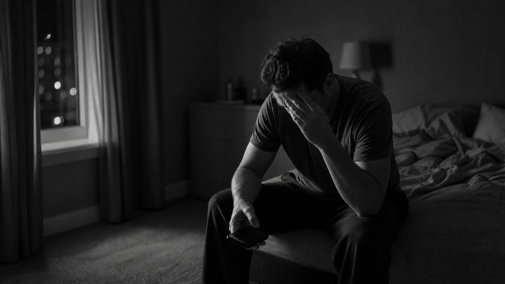 A man sitting alone on the edge of a bed at night, head bowed, in black and white