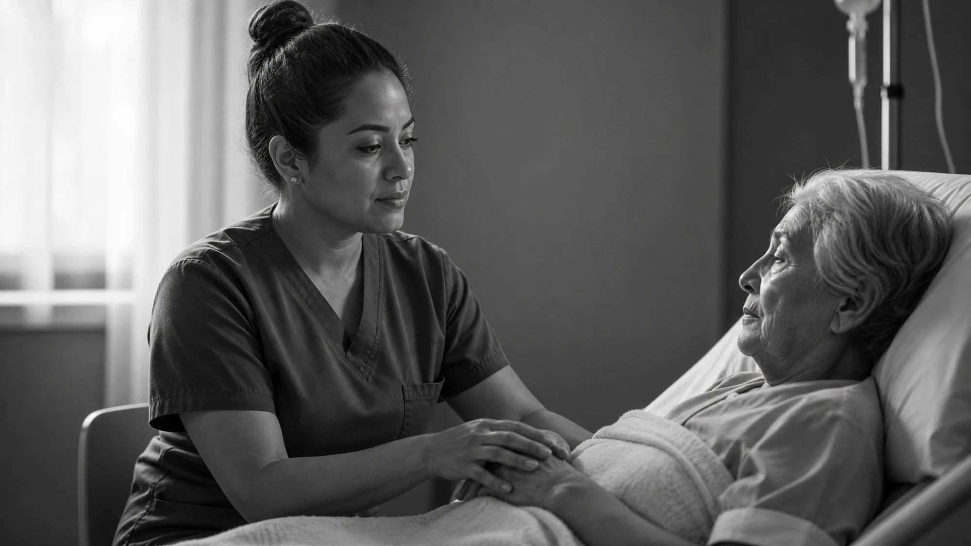 A nurse gently settling the restless hands of an older patient, in black and white