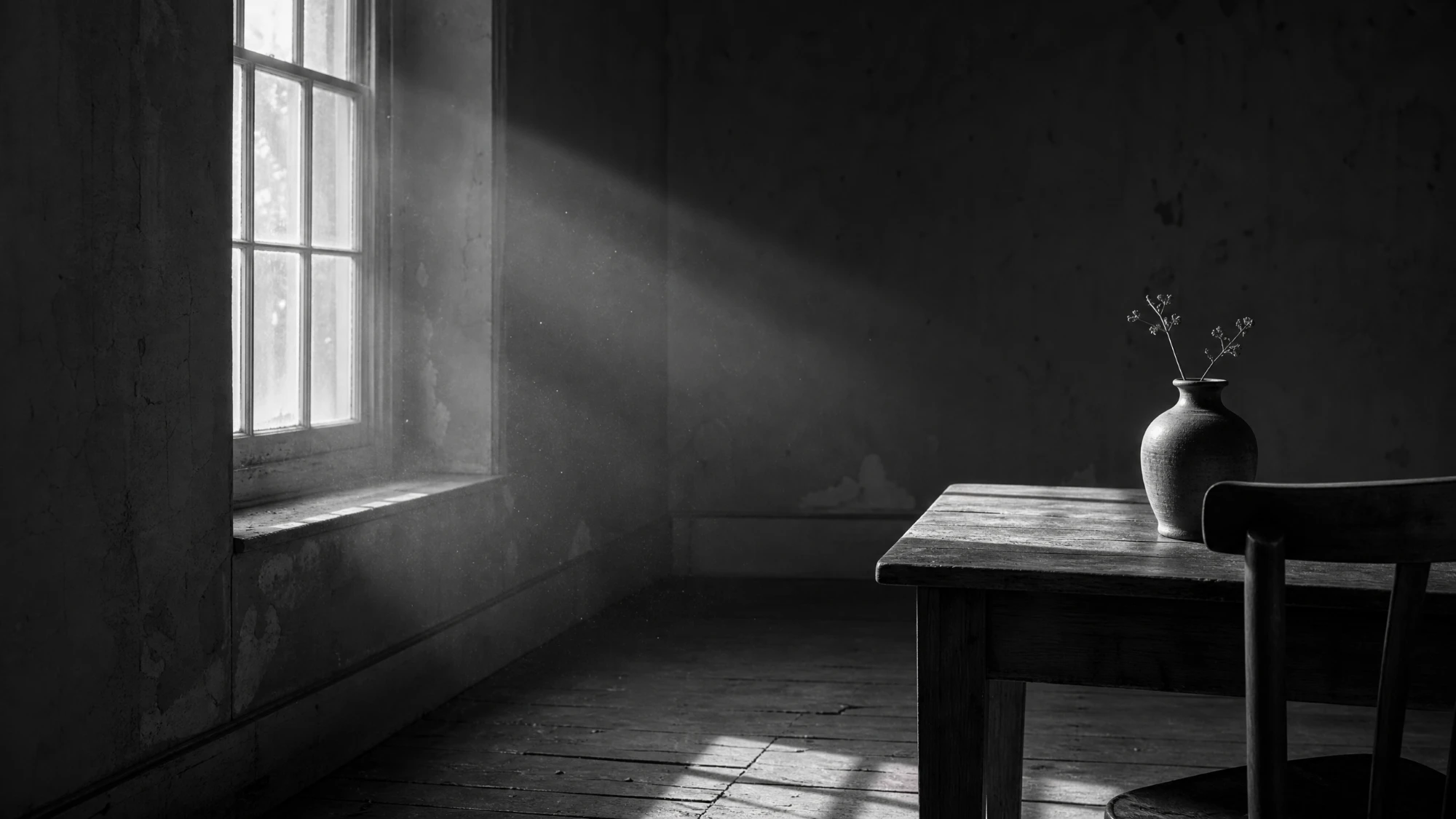 Early light breaking through a tall window into a dim, empty room, in black and white