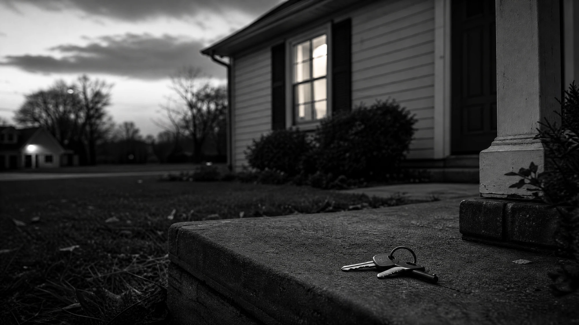 A modest house at dusk with one window lit and keys on the front step, in black and white