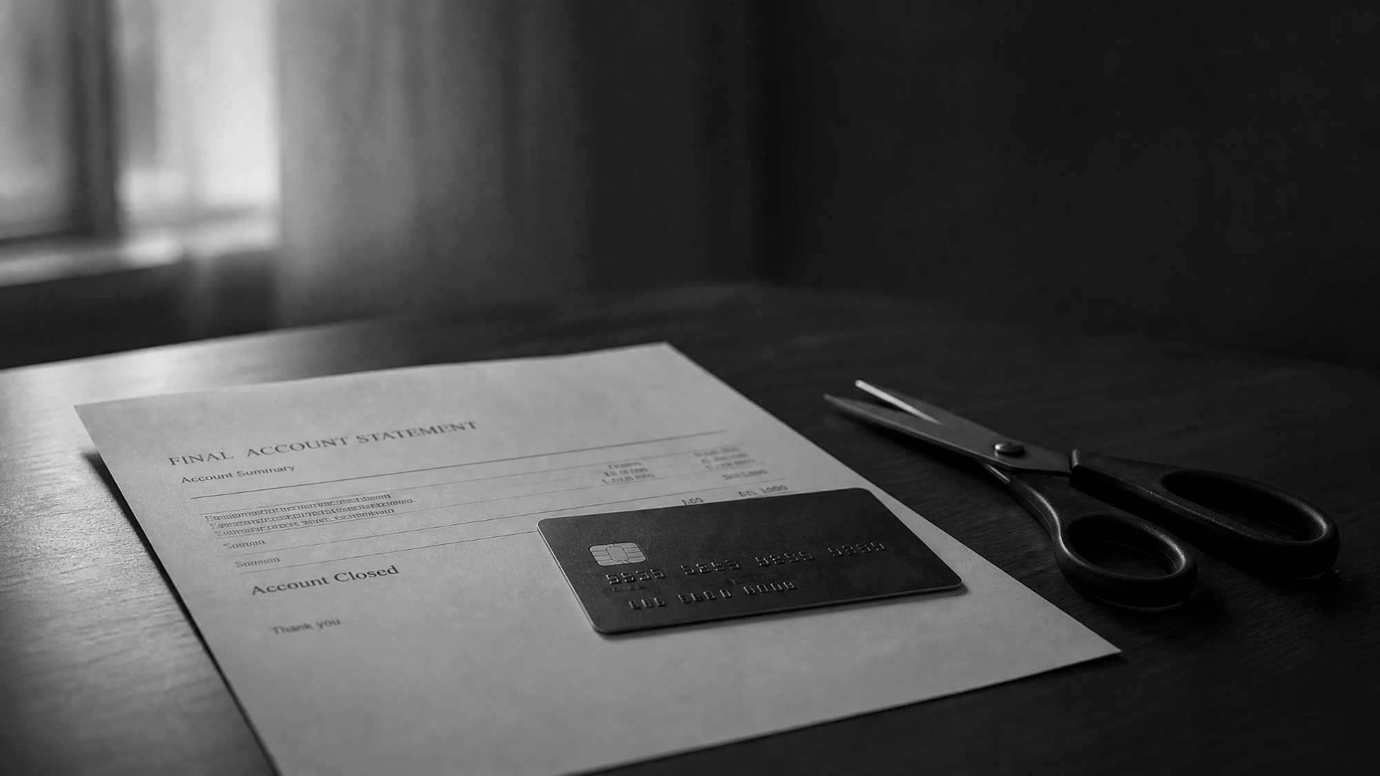 A credit card resting on a final statement on a dark table, in black and white