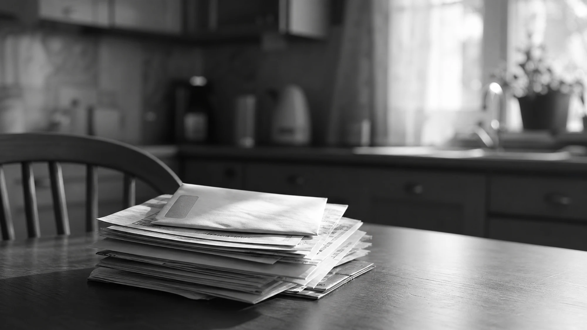 A stack of unopened bills and statements on a kitchen table, in black and white