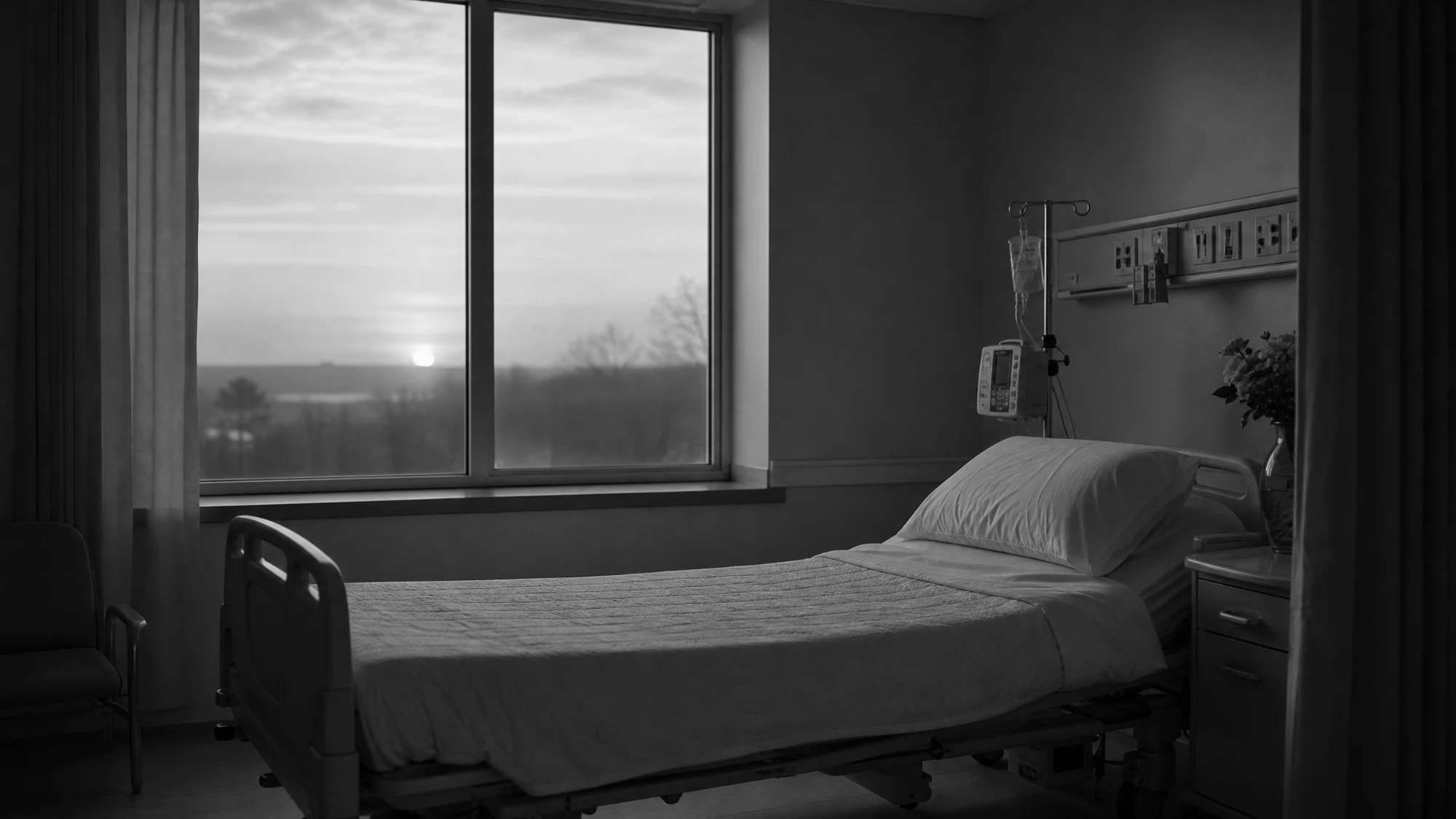 An empty, neatly made hospital bed in pale dawn light, in black and white